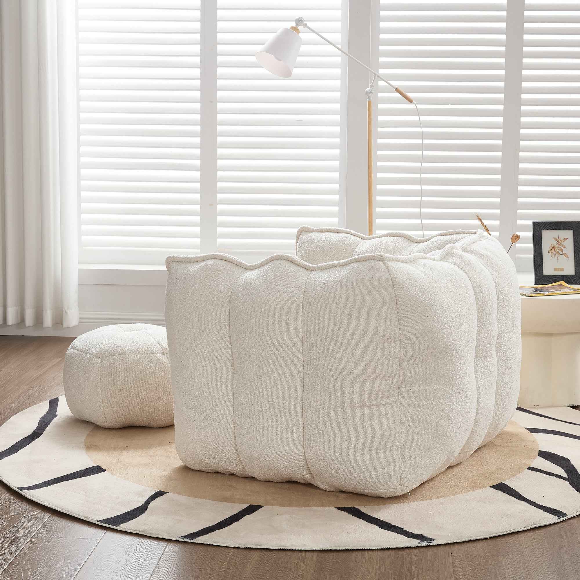 Soft Chenille Bean Bag Chair with High Resilient Foam for Living Room and Bedroom, Comfortable Square Lazy Sofa with Footstool for Adults