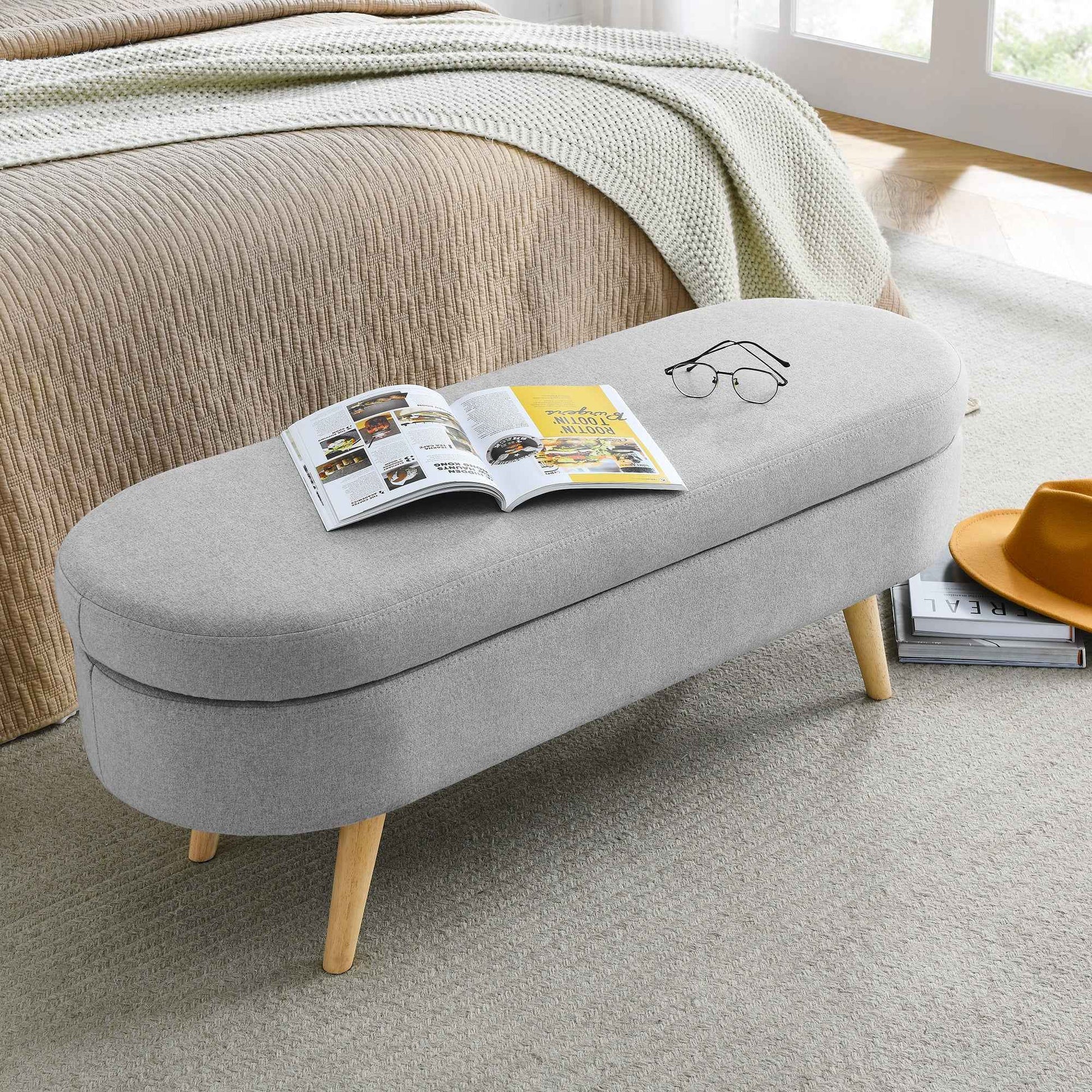 Ottoman Oval Storage Bench with Rubber Wood Legs, Grey Linen, 43.5'x16'x16'
