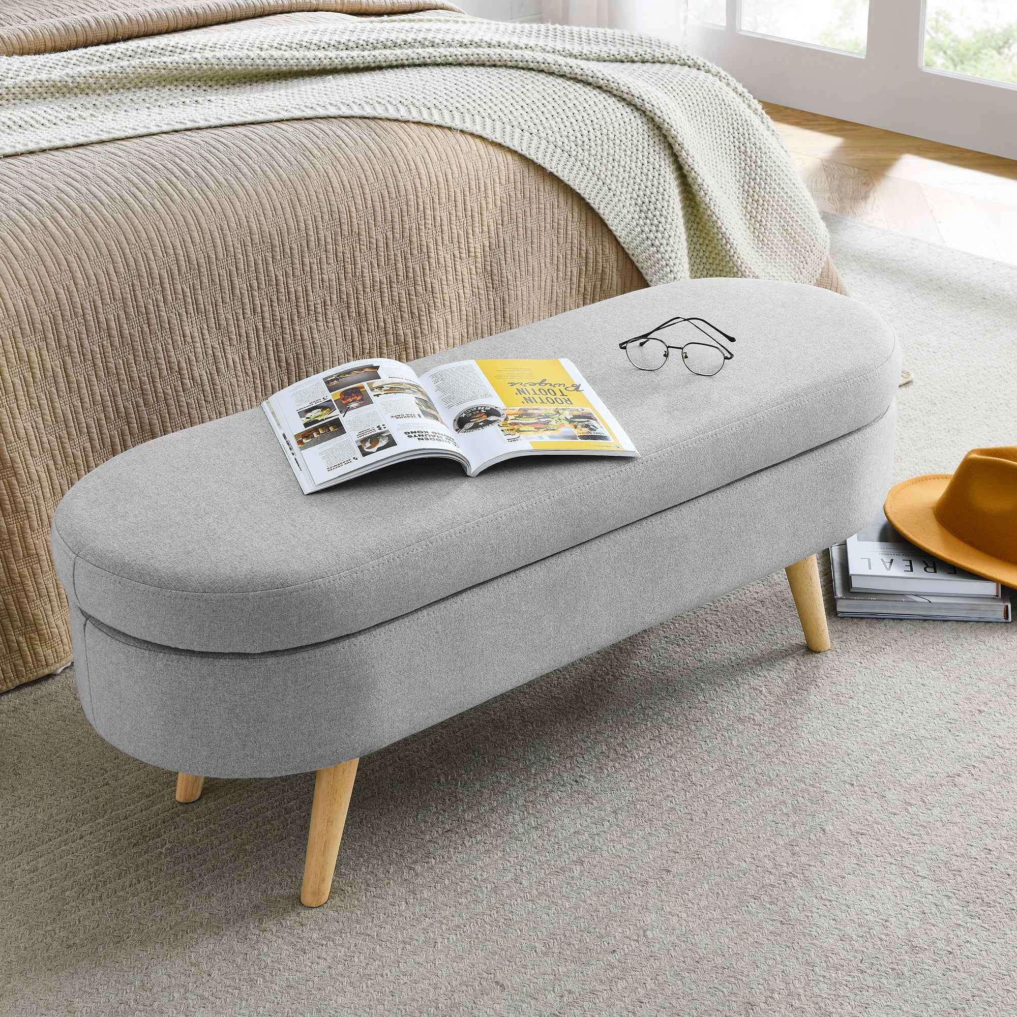 Ottoman Oval Storage Bench with Rubber Wood Legs, Grey Linen, 43.5'x16'x16'