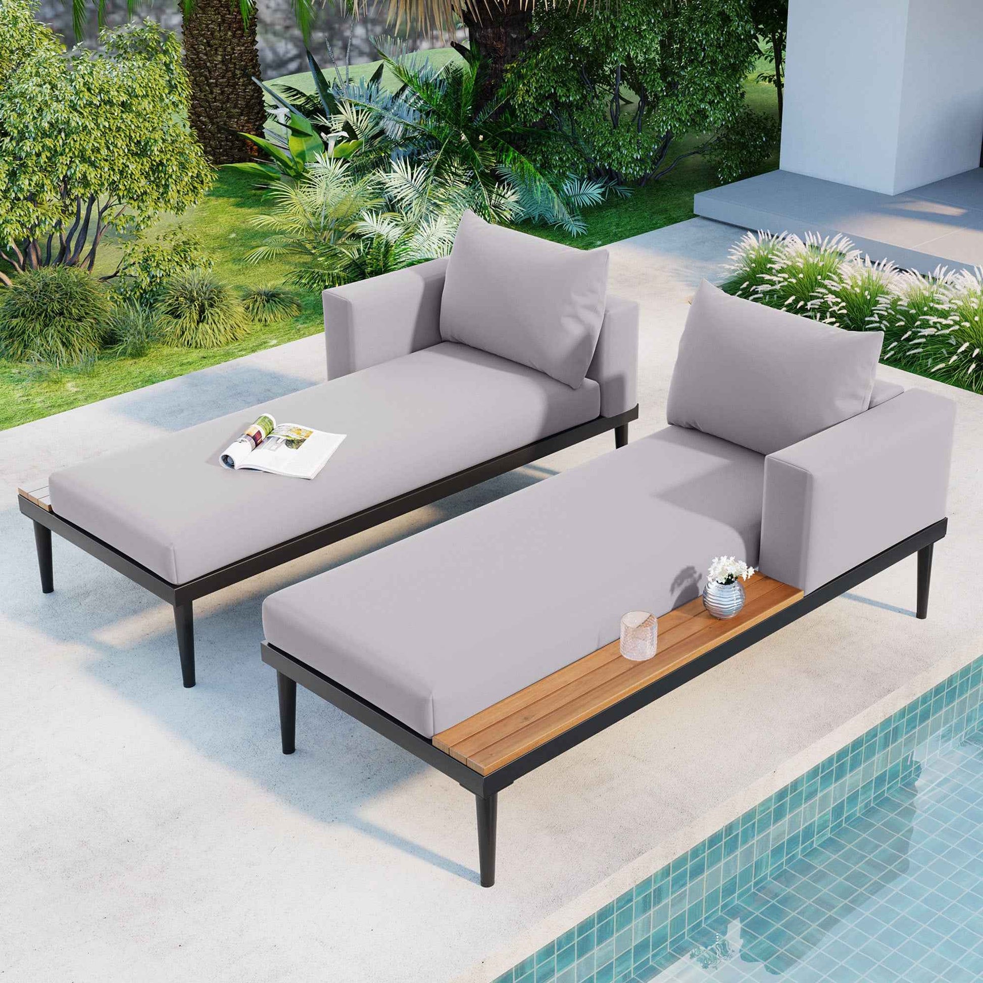 TOPMAX Modern Outdoor Daybed Patio Metal Daybed with Wood Topped Side Spaces for Drinks, 2 in 1 Padded Chaise Lounges for Poolside, Balcony, Deck, Gray