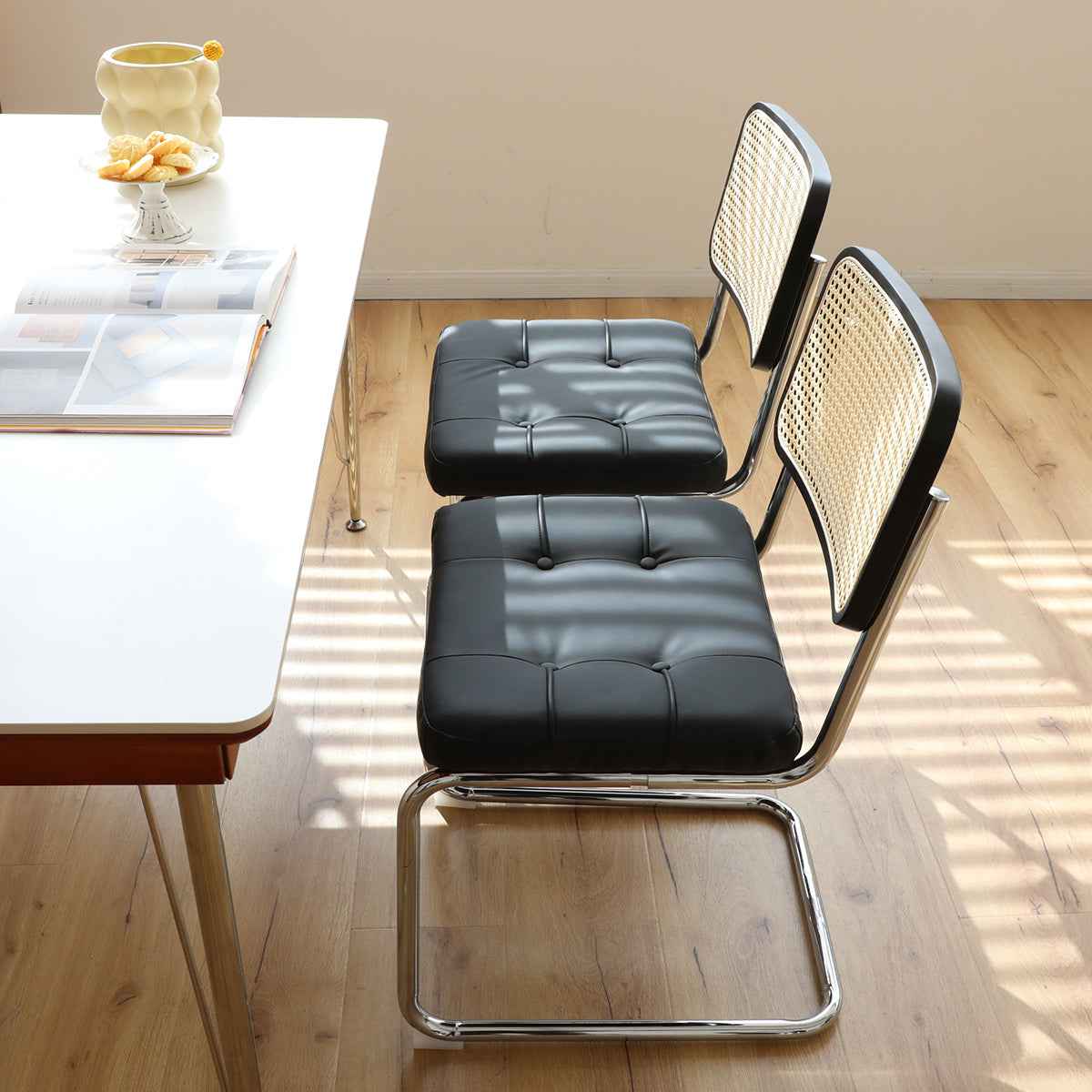 Dining Chairs Set of 2, Fauex Leather Rattan Side Accent Chairs with Chrome Legs, Modern Mid Century Breuer Designed Chairs, Upholstered Dining Living Room Kitchen Chairs (Black-2pcs)
