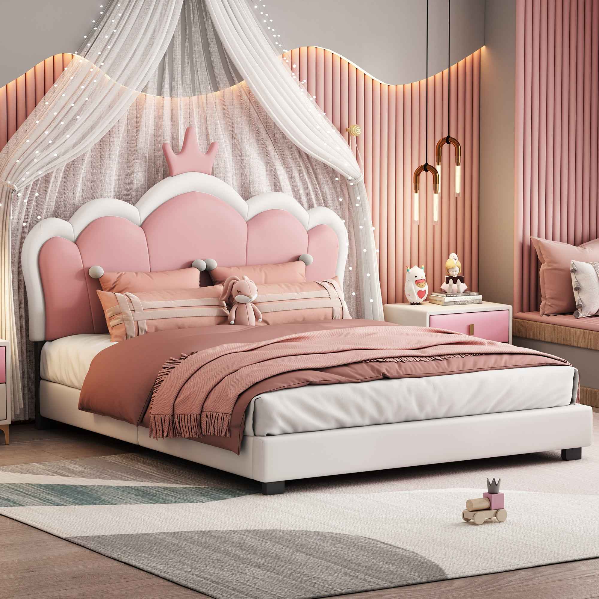 Full size Upholstered Princess Bed With Crown Headboard,Full Size Platform Bed with Headboard and Footboard, Cream+Pink(Old SKU:WF303337AAK)