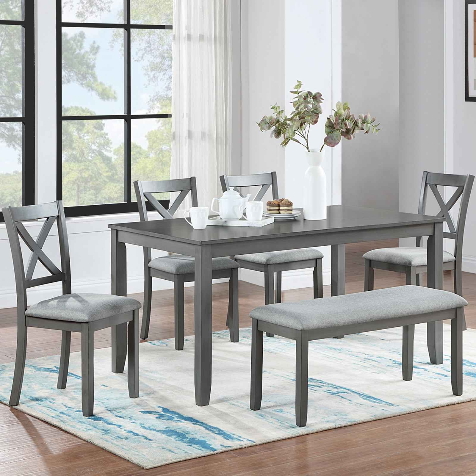 6PCs Kitchen Dining Set, Rectangular Wooden Dining Table with 4 Upholstered Chairs and a Bench, Dining Table Set for 6 People, Living Room, Home Bar and Kitchen, Gray