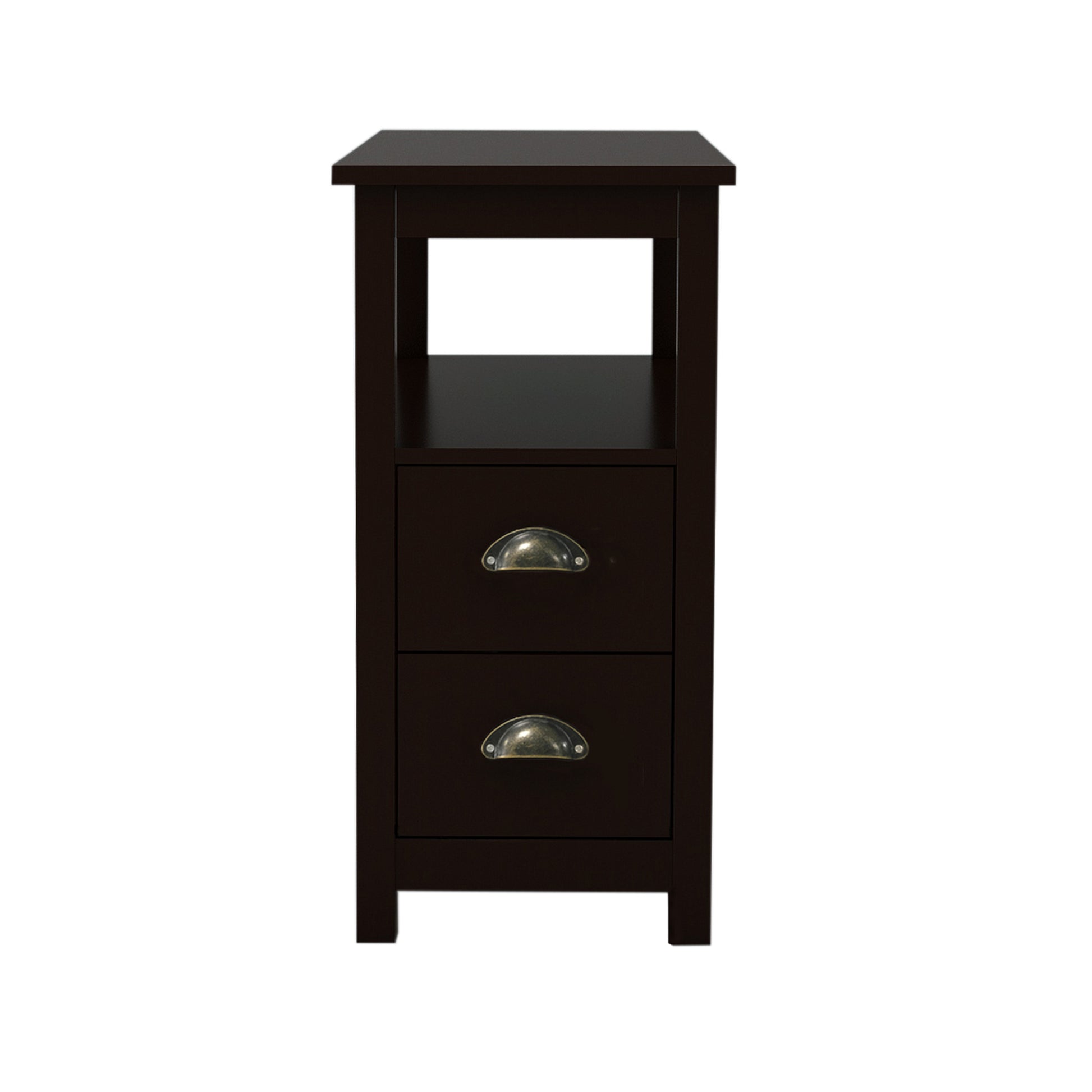 End Table Narrow Nightstand With Two Drawers And Open Shelf-Brown - Abrihome