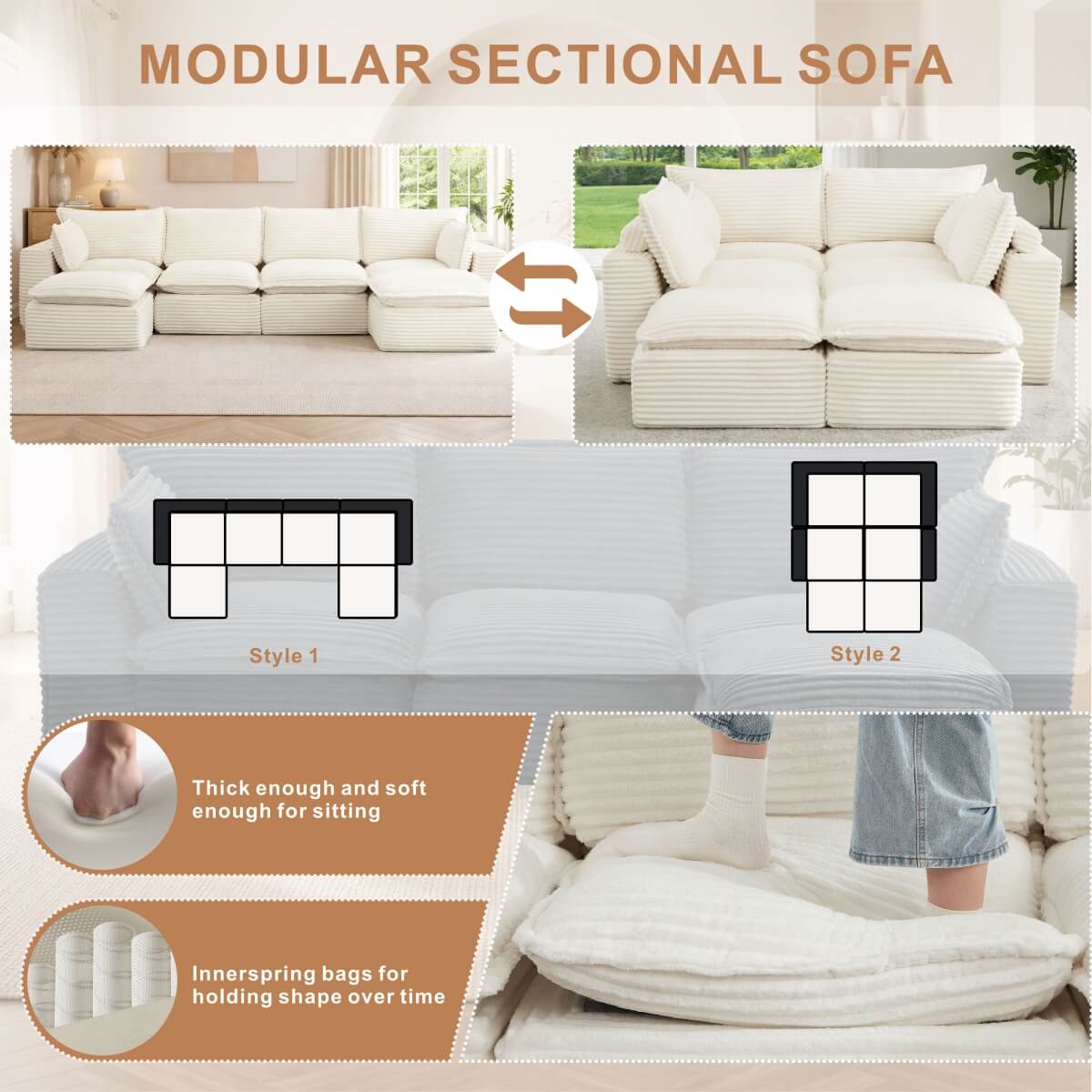 4-6 Seat Convertible Sofa Bed - Modular Compression Couch with Ottomans for Living Room, Apartment & Small Spaces
