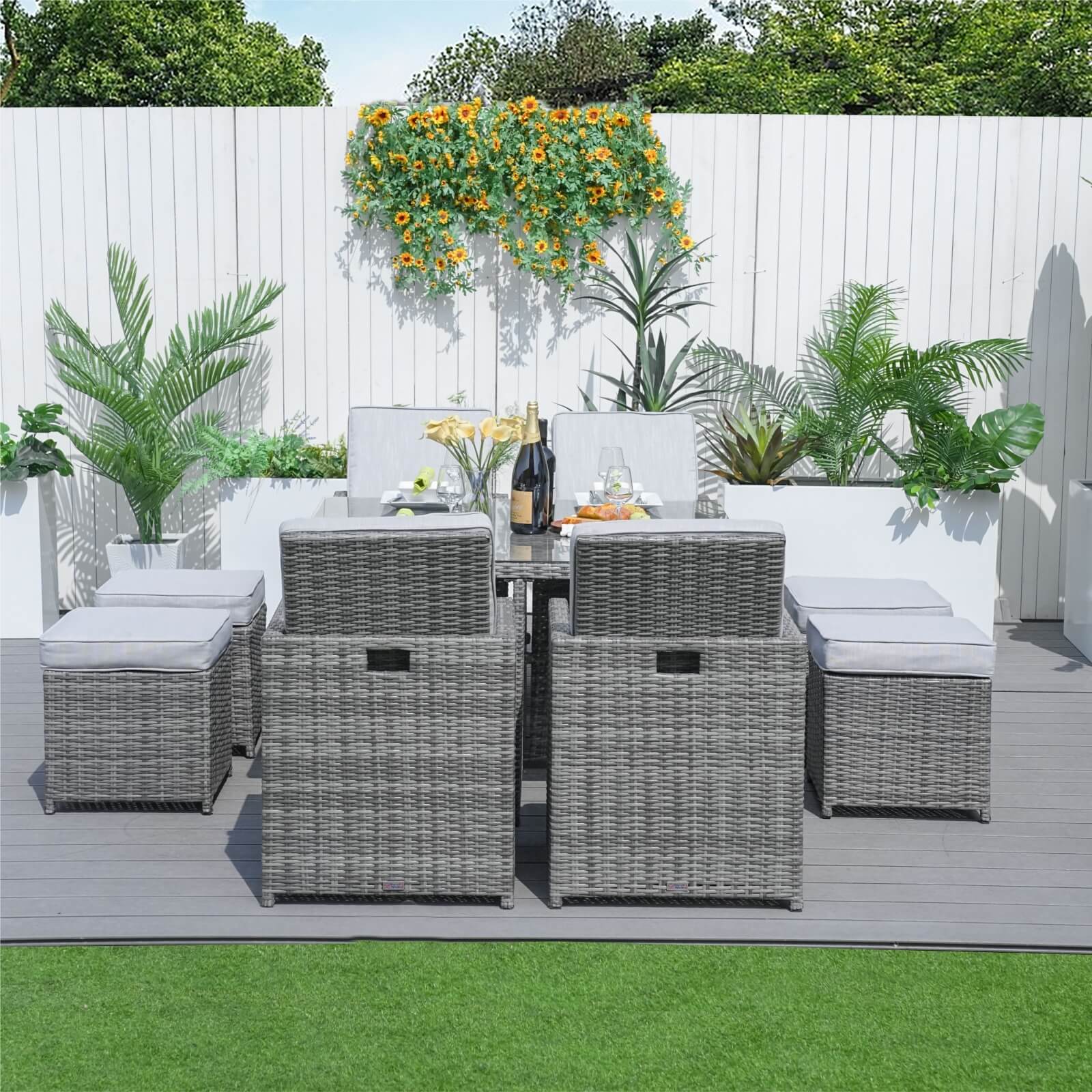 8-Seat Outdoor Dining Set with Cube Table and Ottomans (PAD-3233B) - Abrihome