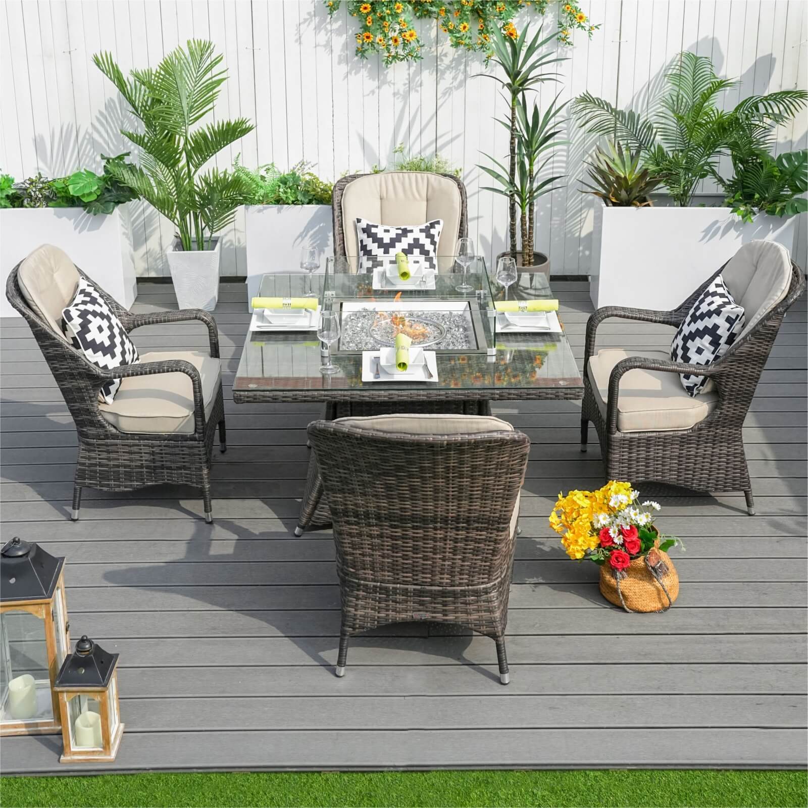 Outdoor Conversation Set with Square Fire Pit Table for 4 Seats(PAG-1104+009-BR) - Abrihome