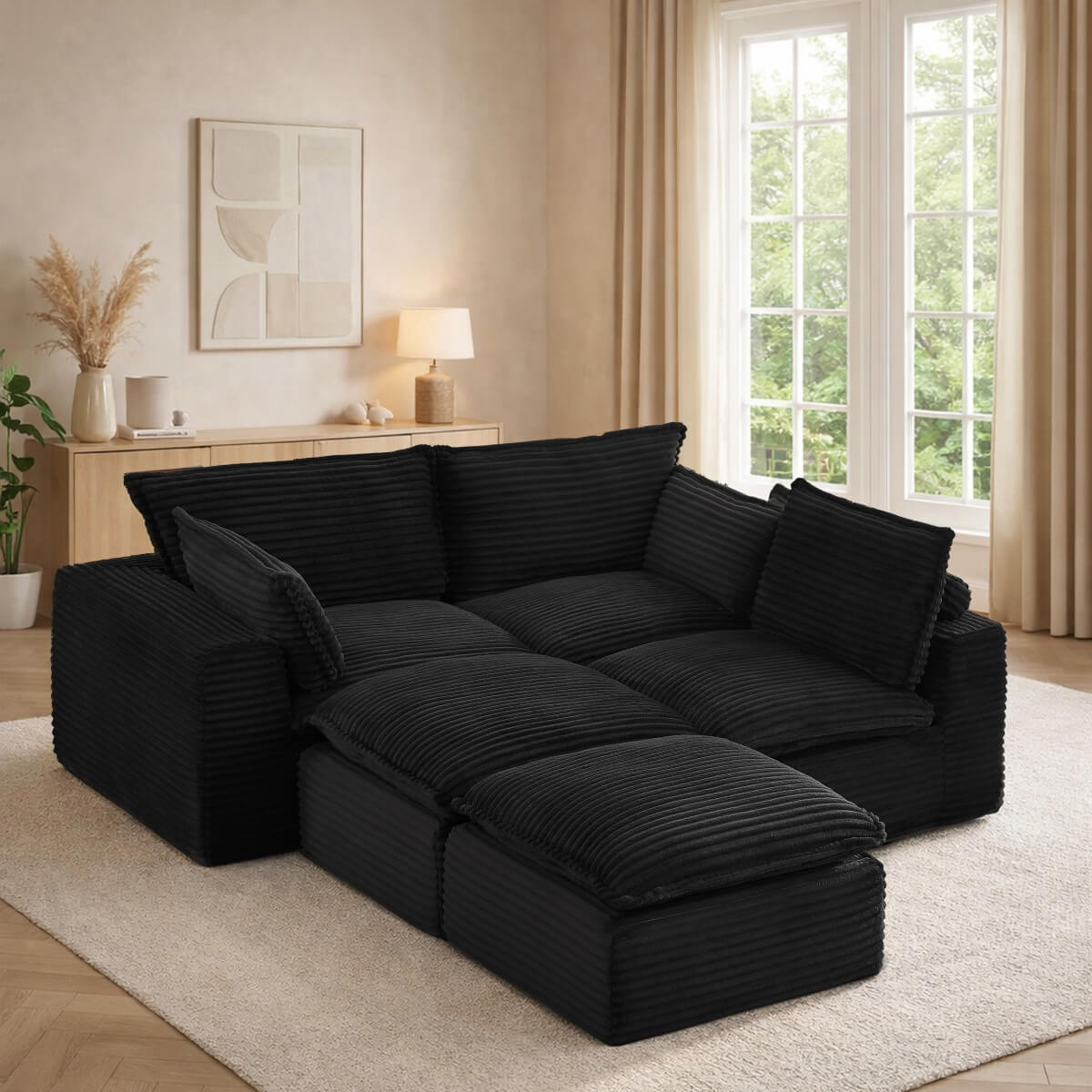 3-5 Seat Convertible Sofa Bed - Compression Modular Couch with 2 Ottomans, Transforming Sofa & Bed for Living Room, Apartment & Small Spaces