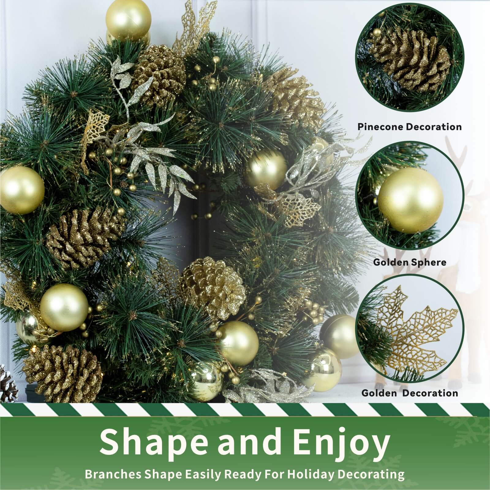 Artificial Christmas Wreath with Gold Accents – Pre-Lit or Unlit Options(PJW-2510) - Abrihome