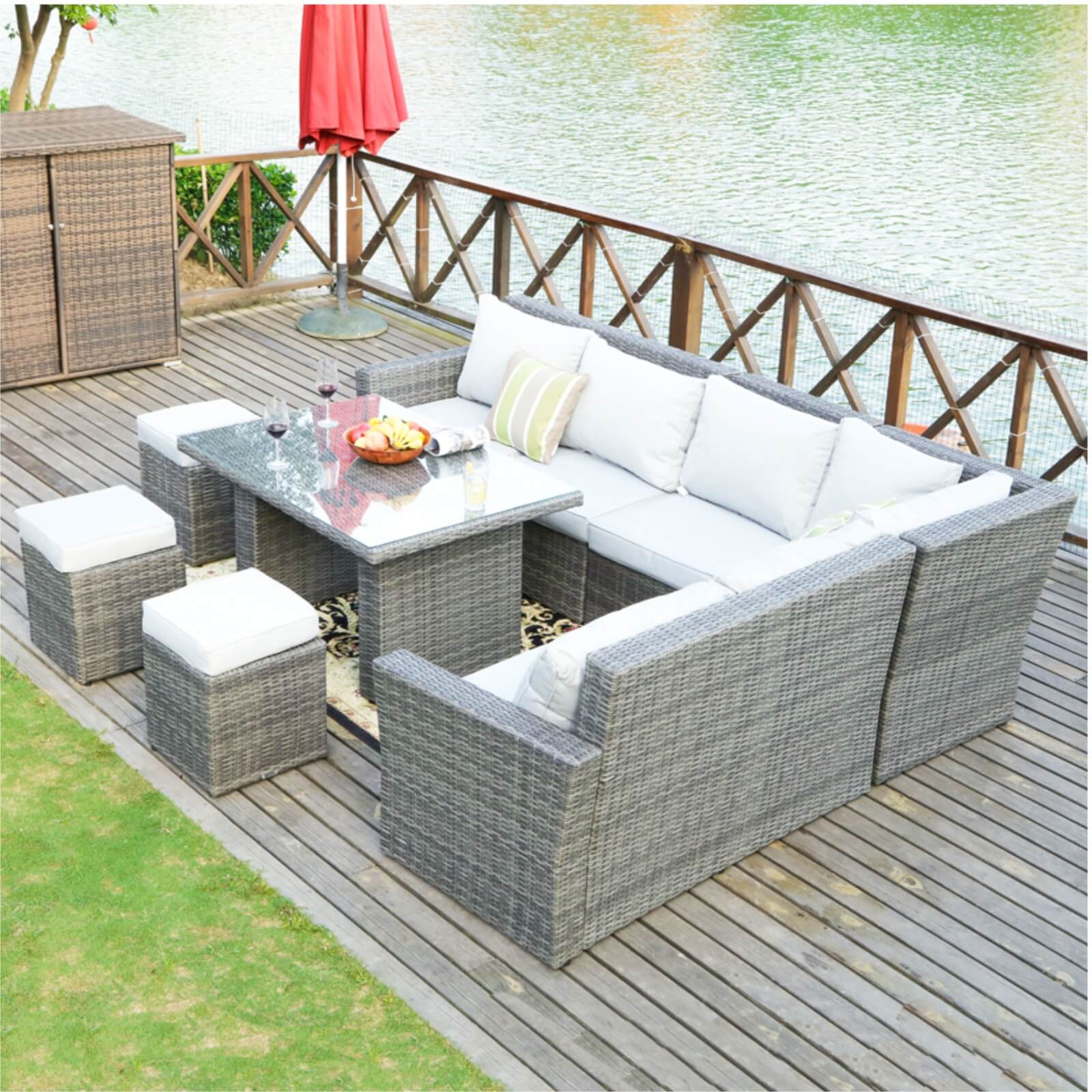 Outdoor Corner Sofa Set with Rectangular Dining Table and Ottoman(PAS-1403-SET) - Abrihome