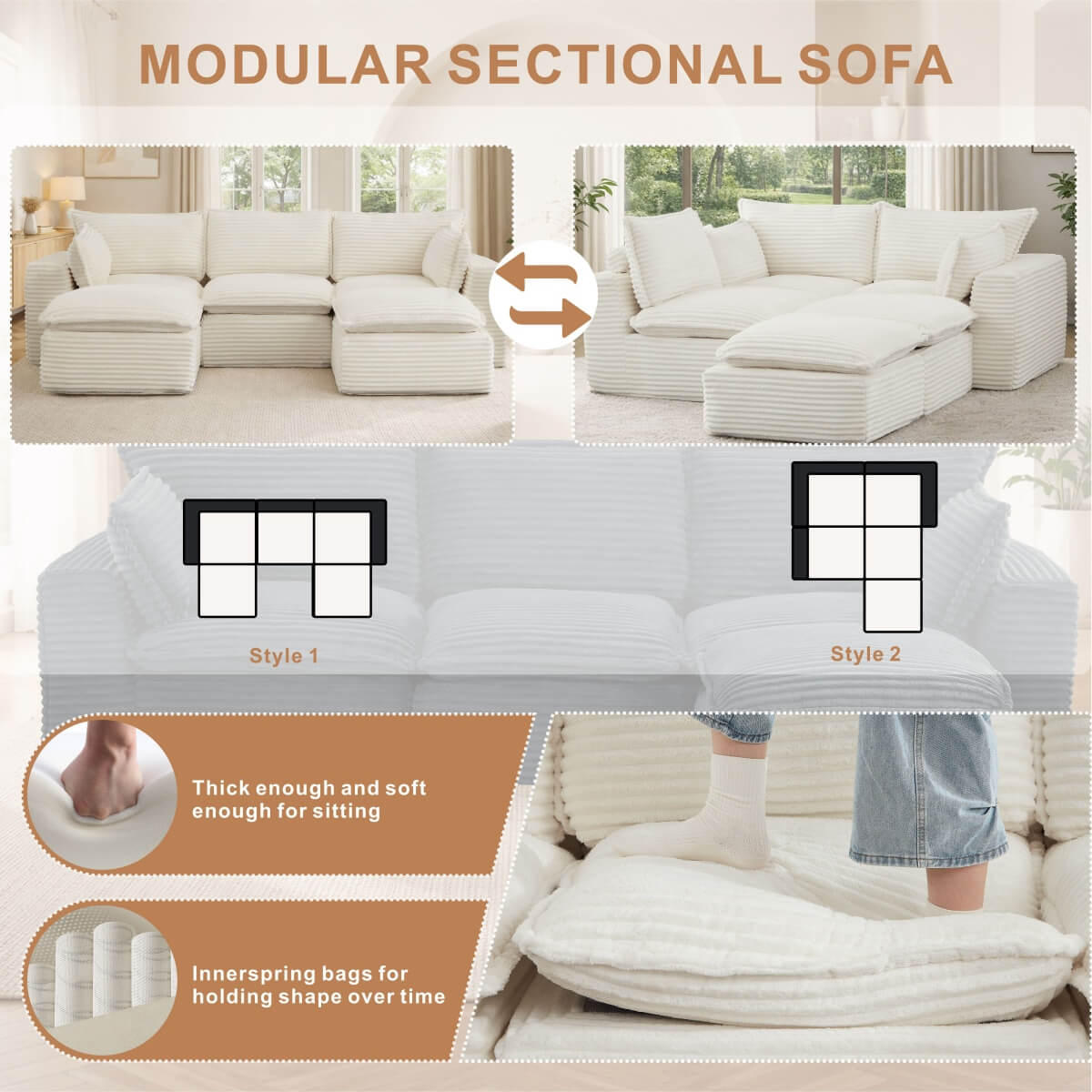 3-5 Seat Convertible Sofa Bed - Compression Modular Couch with 2 Ottomans, Transforming Sofa & Bed for Living Room, Apartment & Small Spaces
