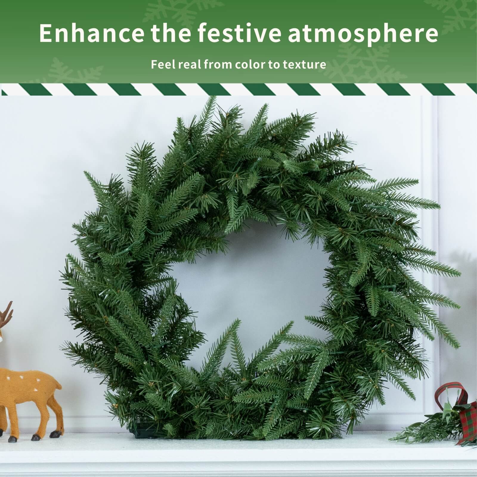 Festive Green Christmas Wreath with Optional LED Lights(PJW-2512) - Abrihome