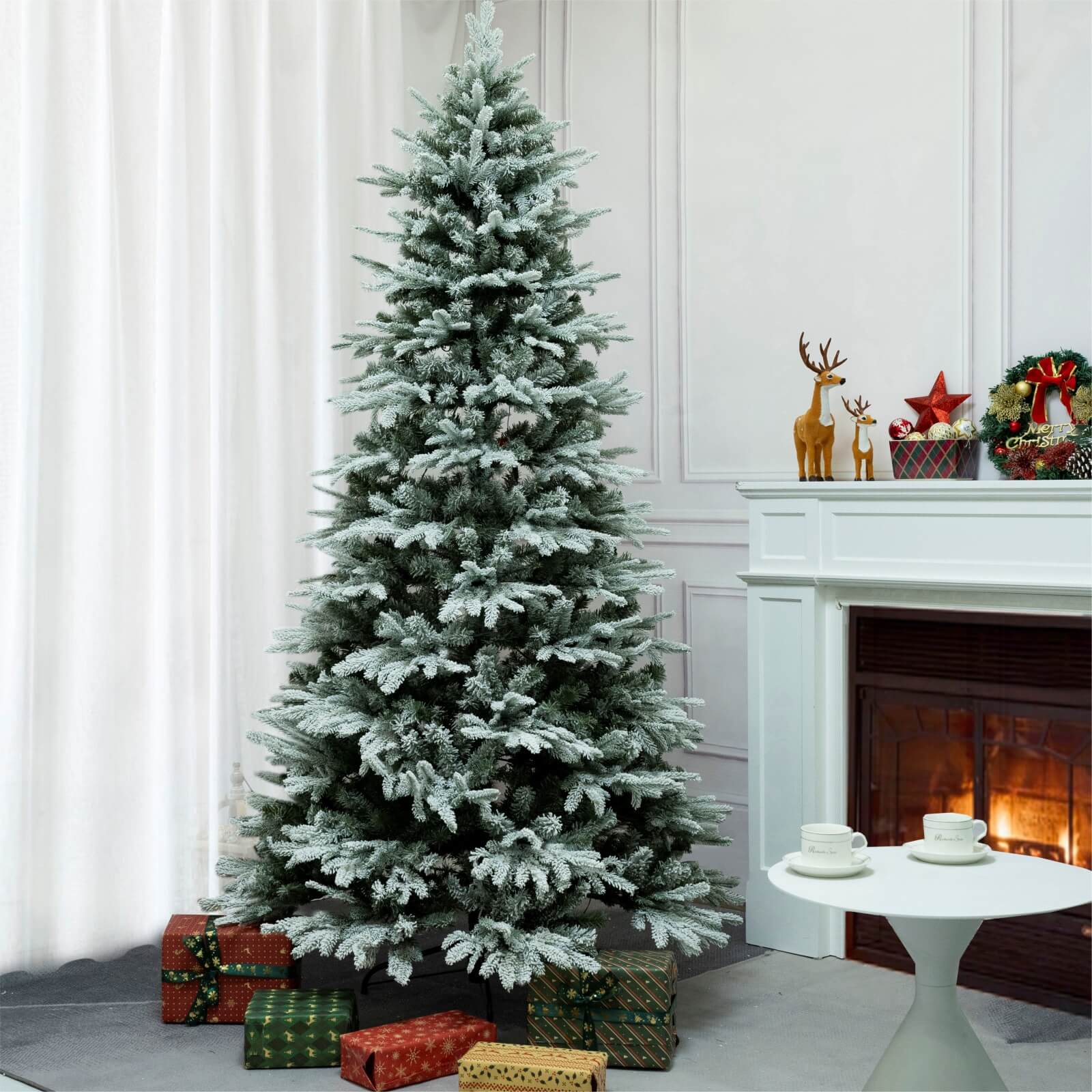 6FT Snow-Flocked Artificial Christmas Tree with Optional Warm White LED Lights(PJT-2507-6FT) - Abrihome