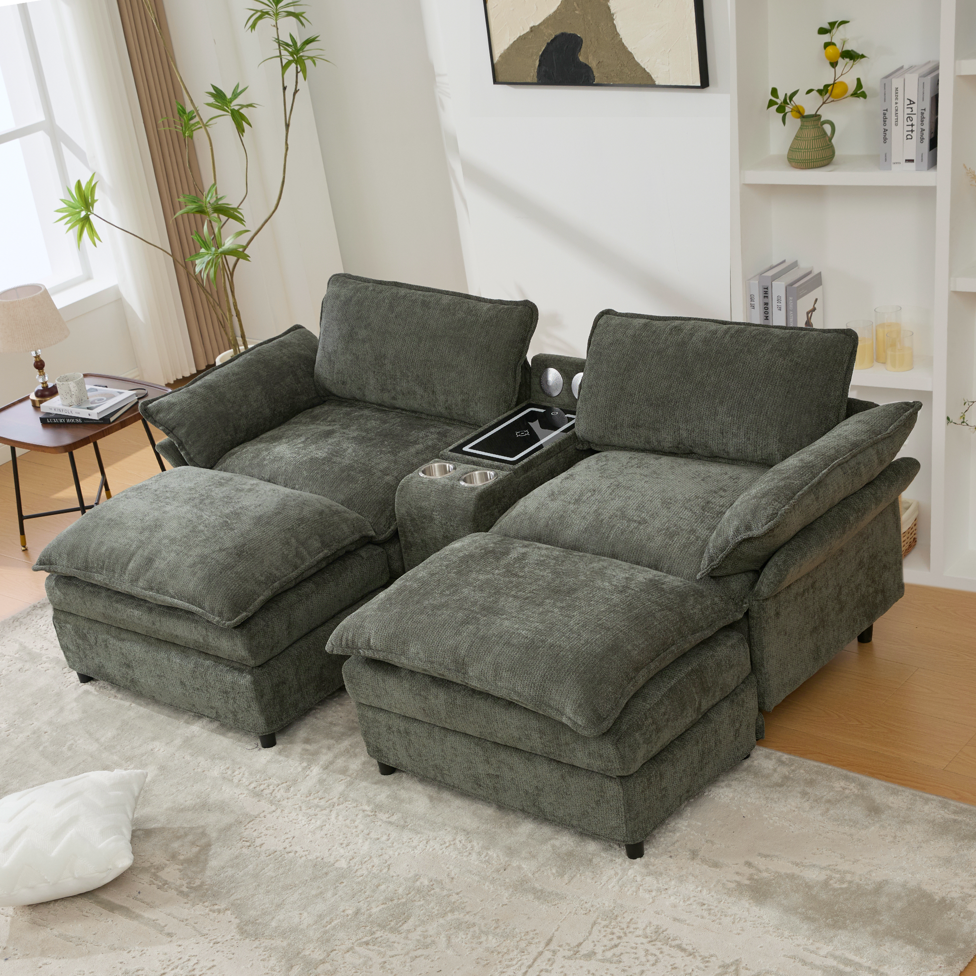 [NEW ARRIVED] [VIDEO PROVIDED]U Shaped Modular Sectional Sofa,Storage Console & Wireless Charging,2 Cup Holders,Bluetooth Speakers,2 Movable Footstools,Adjustable handrail,Movable seat,Chenille,Green