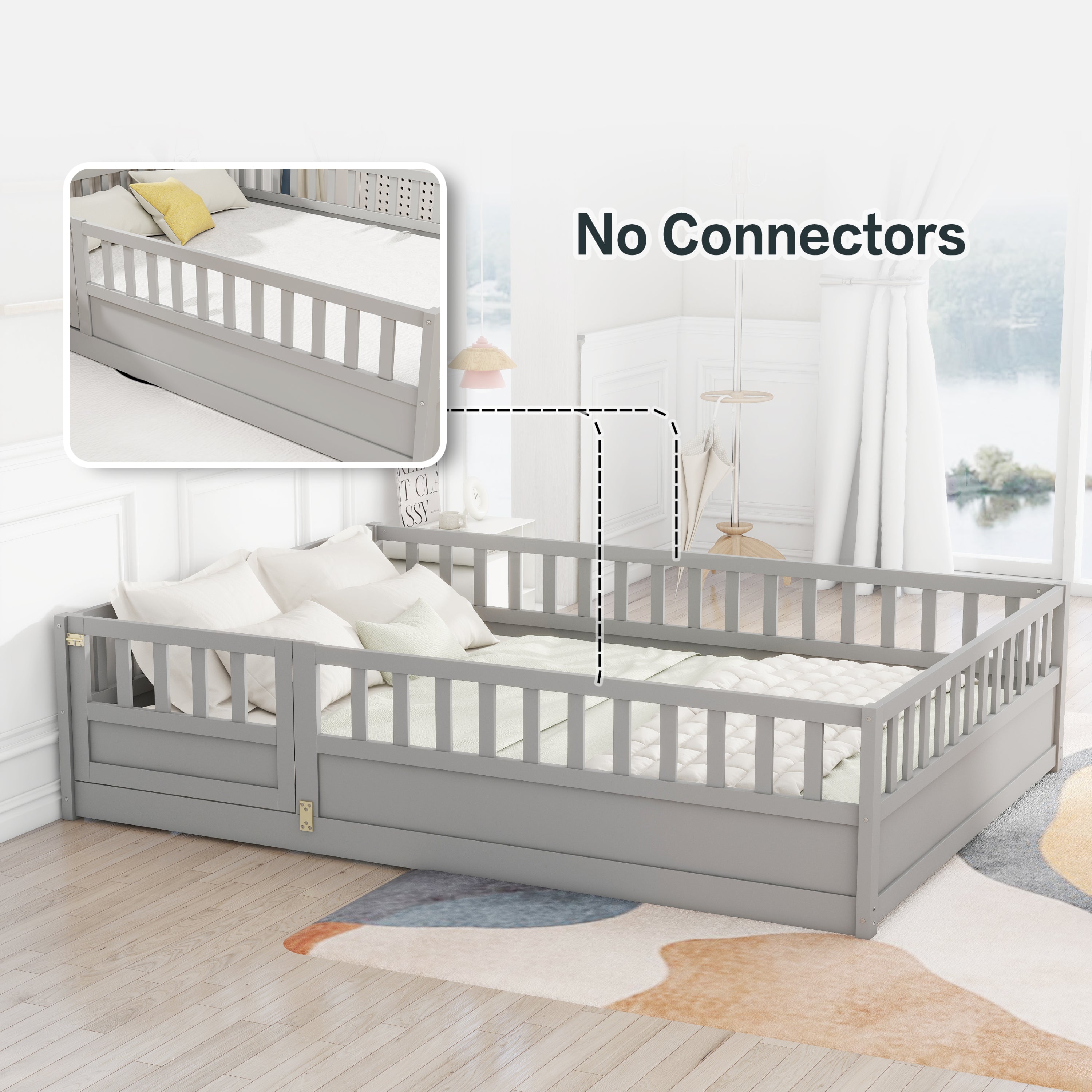 Full size  Floor bed, integral construction with super high security barrier, door, children's floor bed frame, Montessori wooden children's floor bed, Support slat Grey