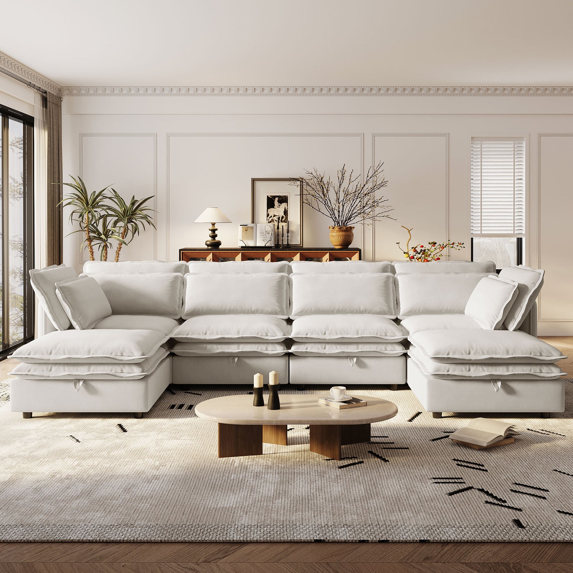 U_Style Double-Layer Cushion Modern Large U-Shaped Modular Sofa, Freely Combinable 6-Seater with Storage Function, Convertible to Sofa Bed, Perfect for Living Rooms, Offices, and Apartments - Abrihome