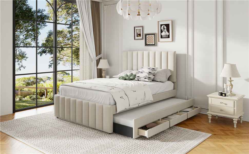 Full Size Upholstered Platform Bed with Twin Size Trundle and 3 Drawers, Linen Fabric, Beige