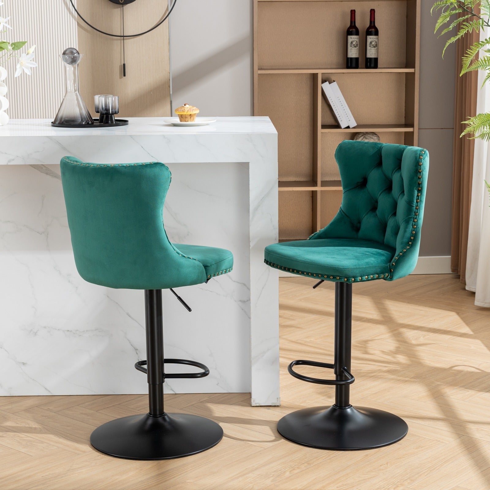 Swivel Velvet Barstools Adjusatble Seat Height from 25-33 Inch,17.7inch base, Modern Upholstered Bar Stools with Backs Comfortable Tufted for Home Pub and Kitchen Island,Green,Set of 2,SW1812GN