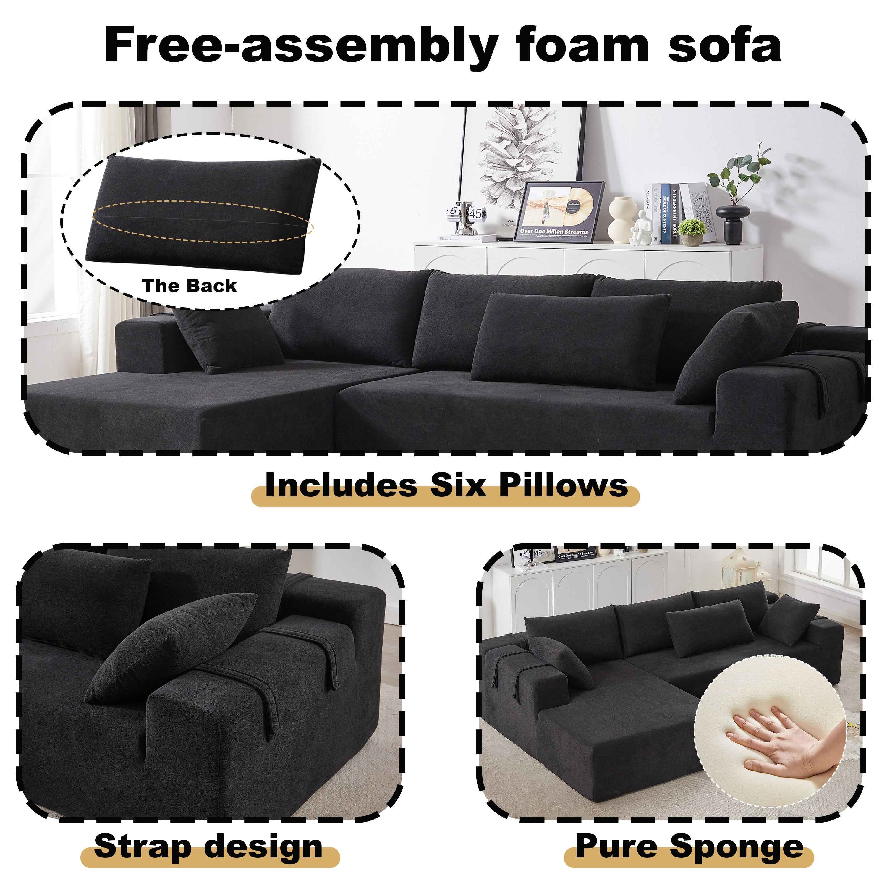 Modern Chenille Upholstered Sectional Sofa Couch Set,Modular 108' L Shaped Sectional Living Room Sofa Set With 6 Pillows,Free Combination Sofa Couch for Living Room,Bedroom(Left Chaise)W834P240009