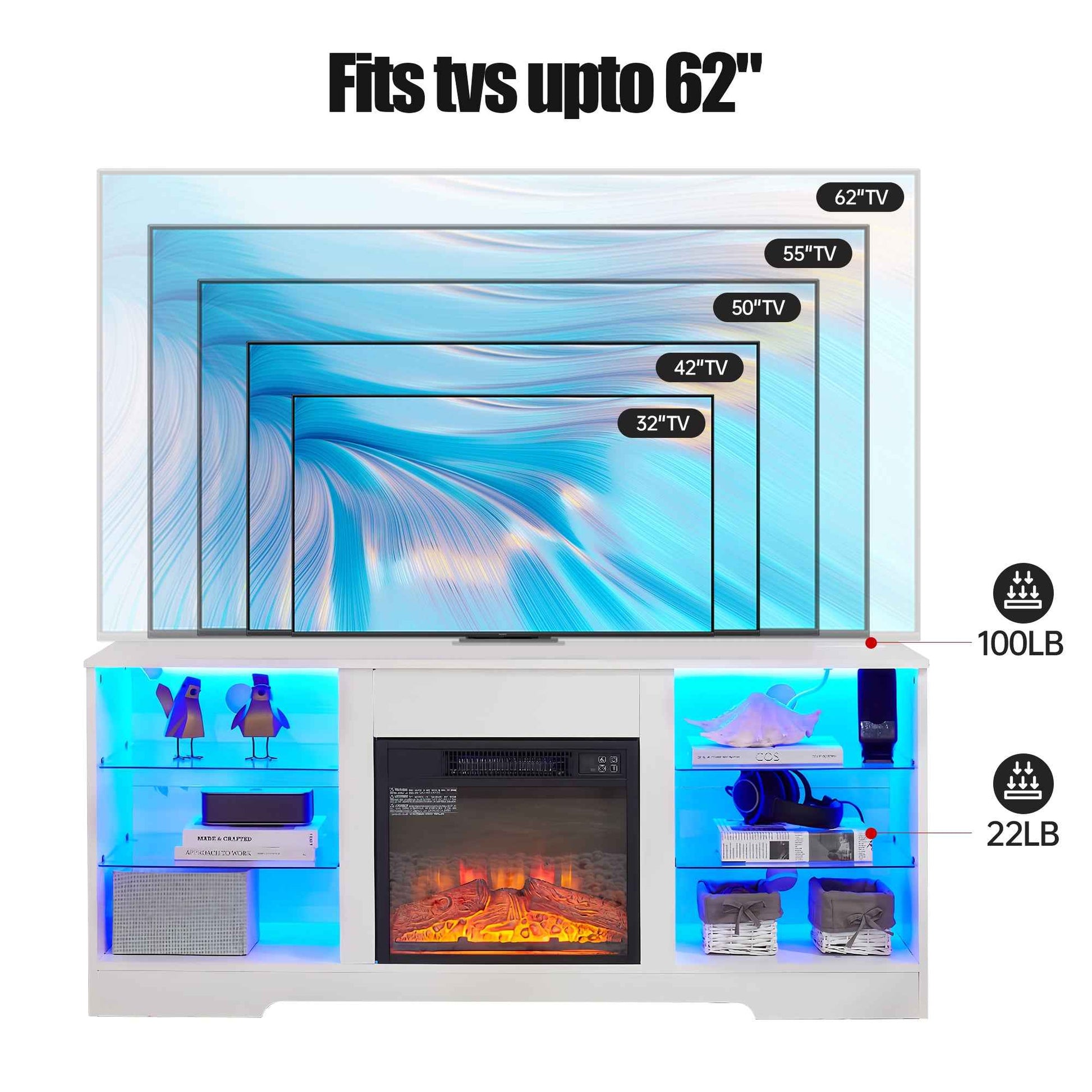 TV Stand Electric Fireplace TV Stand with Glass Shelves, 3D Fireplace TV Stand with LED Lights Wood with USB Charging Outlet Modern Television Table Center for TV up to 32-62' White 58''W*15.4''D*24.6