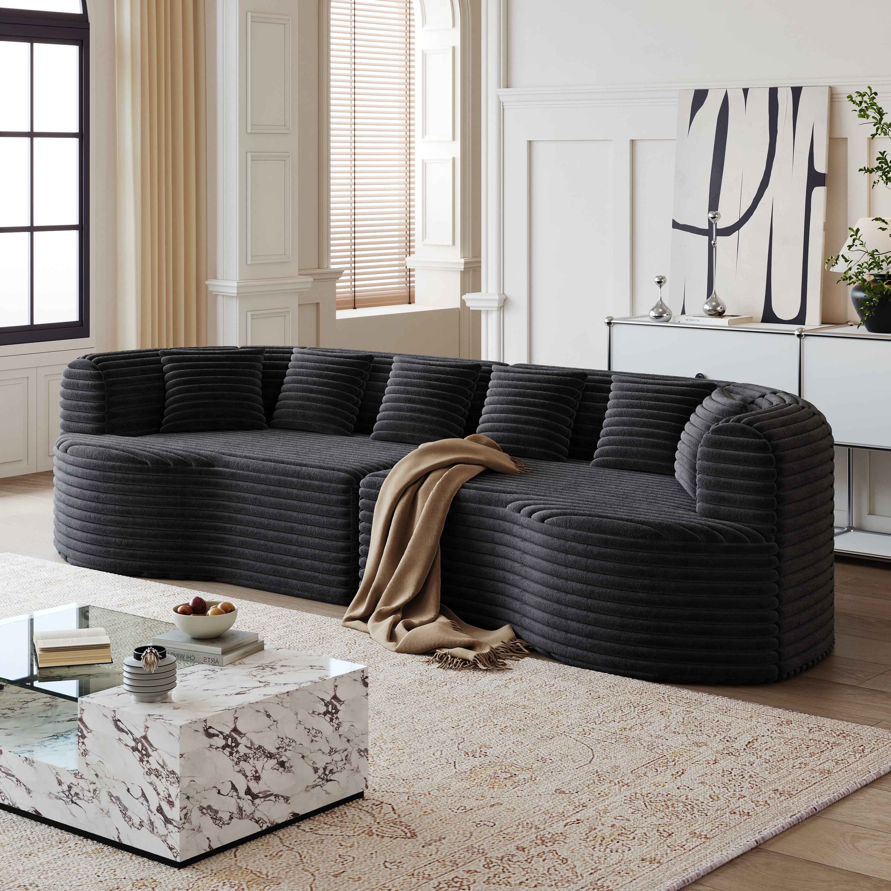 Curved Sectional Sofa, 106.3-inch Oversized Modern Bone-Free Cloud Sofa with 6 Pillows Luxury Corduroy Four-Seater Memory Foam Sofa with Deep Seat Design,black