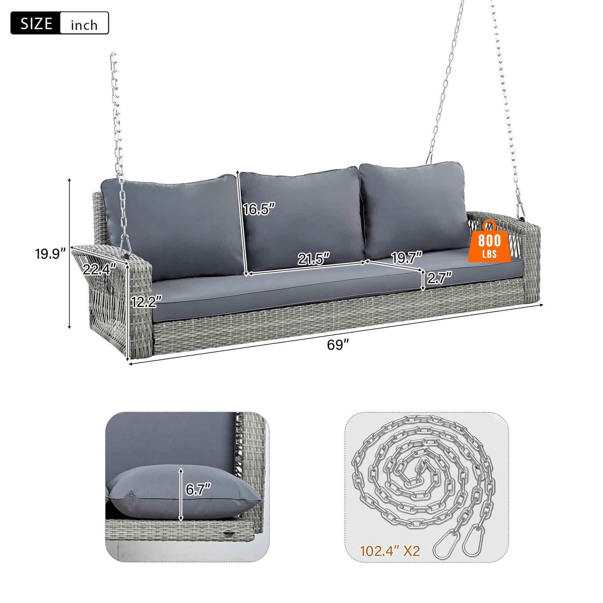 GO 69' PE Wicker 3-Person Porch Swing with Chains, Large Patio Swing Bench with Cushions for Backyard, Garden, and Poolside, Gray69'