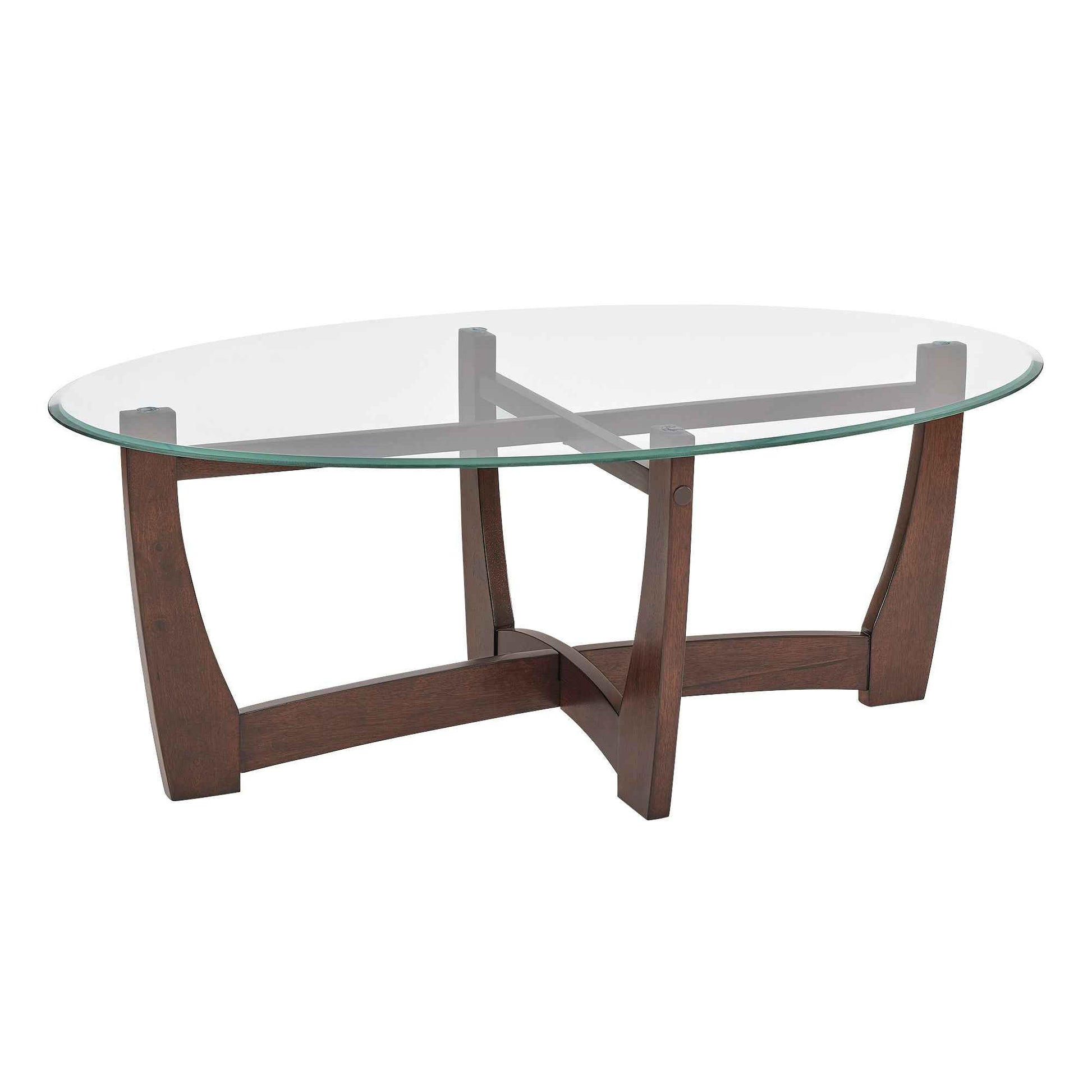 48 Inch Oval Glass Coffee Table, Cherry Round Coffee Table Center Table with Glass Top, Small Coffee Table for Living Room, Office and Apartment