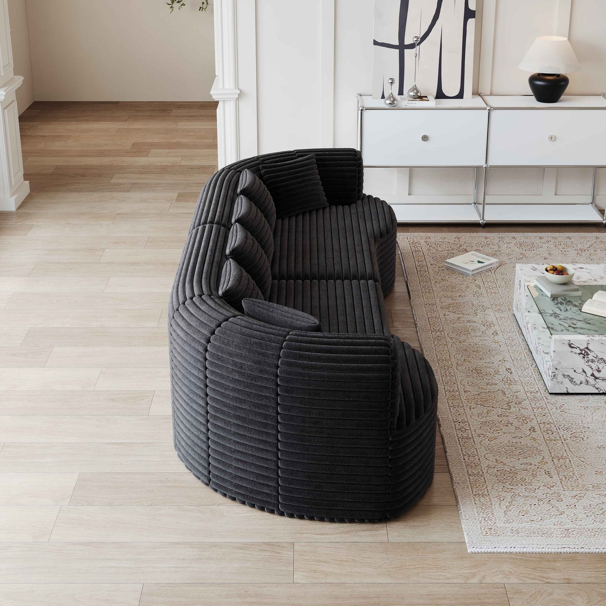 Curved Sectional Sofa, 106.3-inch Oversized Modern Bone-Free Cloud Sofa with 6 Pillows Luxury Corduroy Four-Seater Memory Foam Sofa with Deep Seat Design,black
