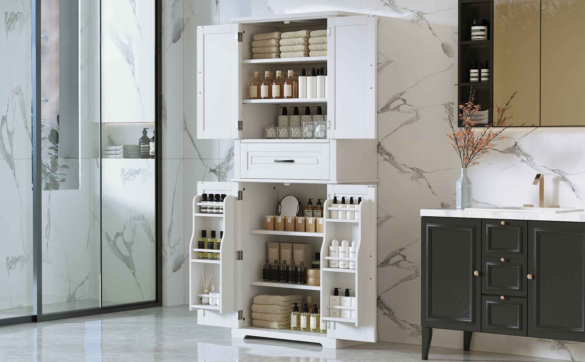 Bathroom Storage Cabinet with Multi-Functional Storage Space, Drawer with Slide Rails, Adjustable Shelf, White MDF