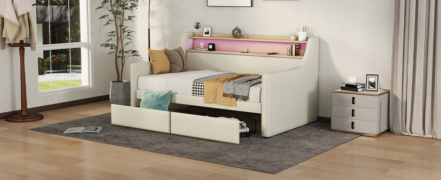 Twin Size Daybed with Storage Drawers, Upholstered Daybed with Charging Station and LED Lights, Beige (Old Item W1580S00022)