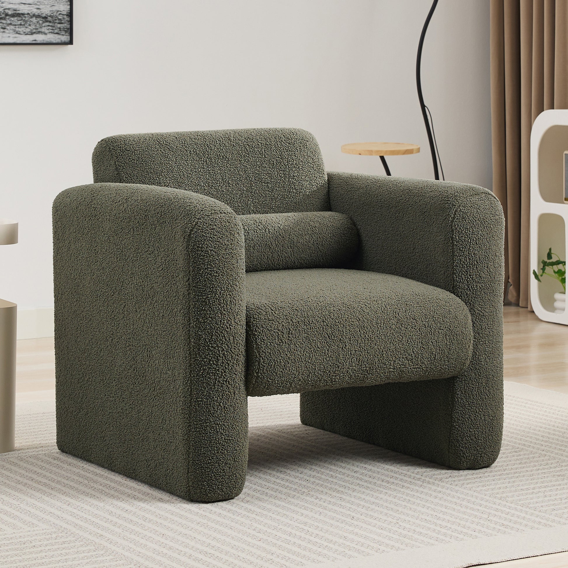 Modern Accent Chair Lambskin Sherpa Fabric Upholstered Comfy Reading Arm Chair Seaweed Green - Abrihome