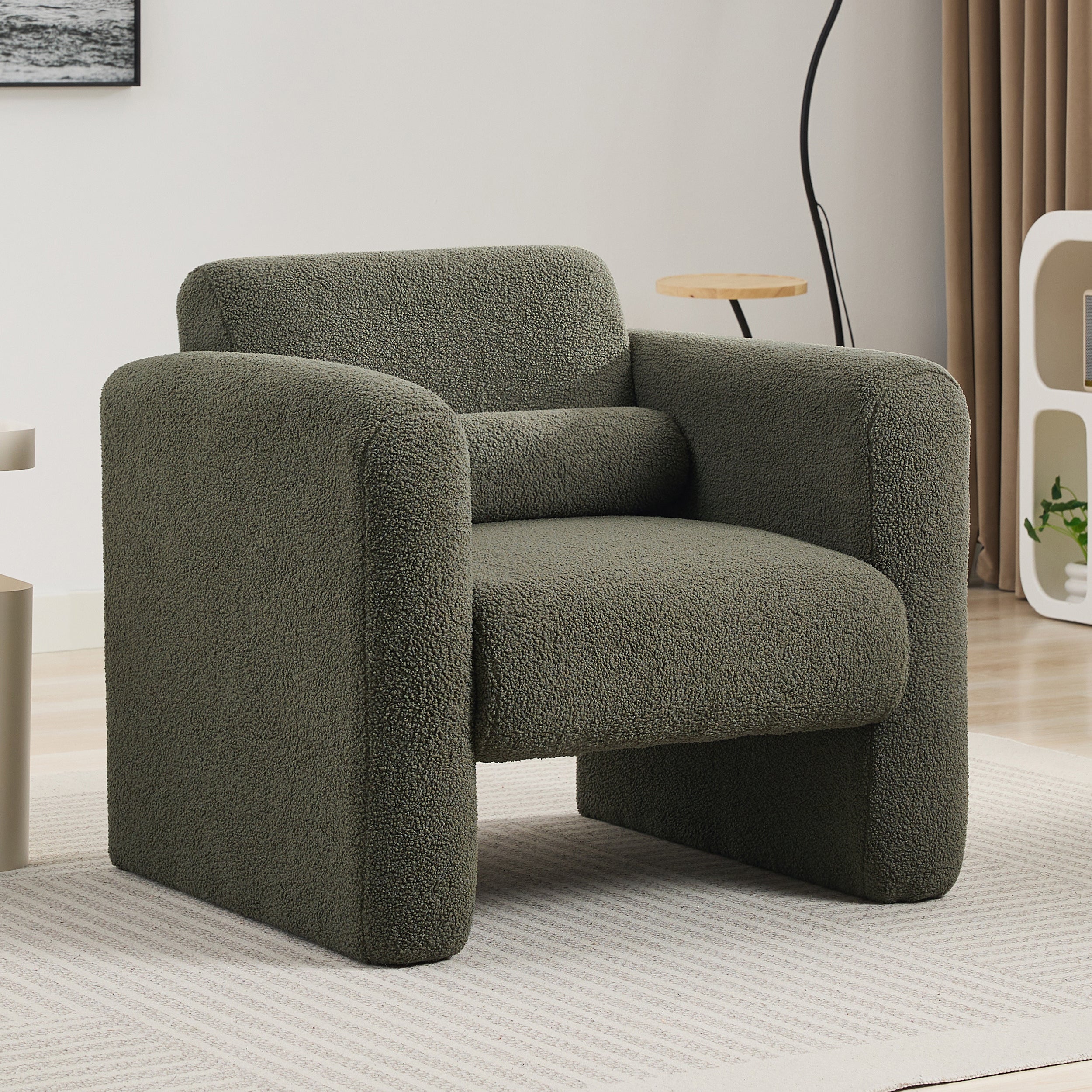 Modern Accent Chair Lambskin Sherpa Fabric Upholstered Comfy Reading Arm Chair Seaweed Green - Abrihome