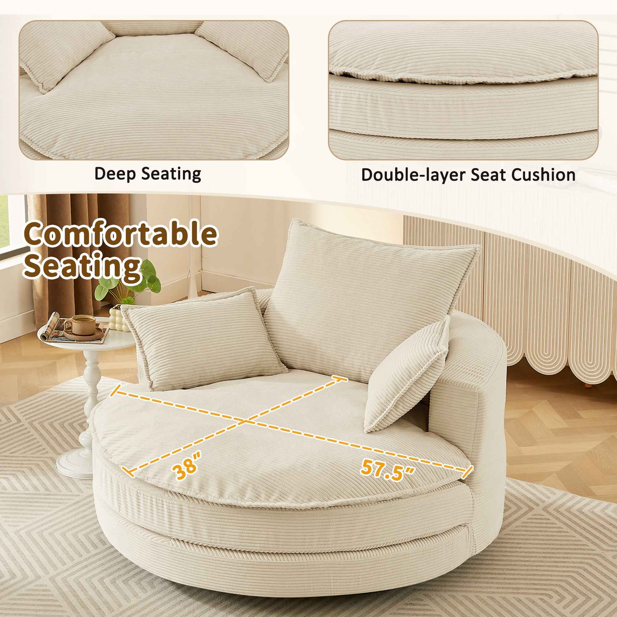 Accent Barrel Chair 360° Swivel Sofa Chair with Dual-layer Cushion and 3 Removable Pillows, Beige Corduroy, 57.5'