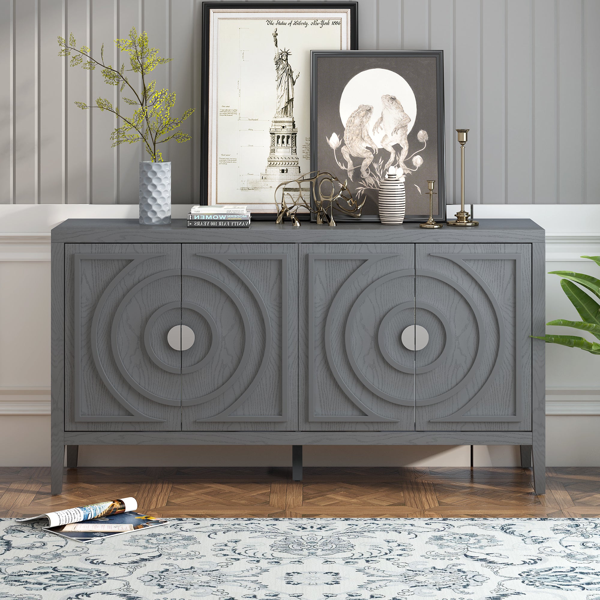 TREXM Retro Sideboard door with Circular Groove Design Round Metal Door Handle for Entrance, Dinning Room, Living Room (Gray)