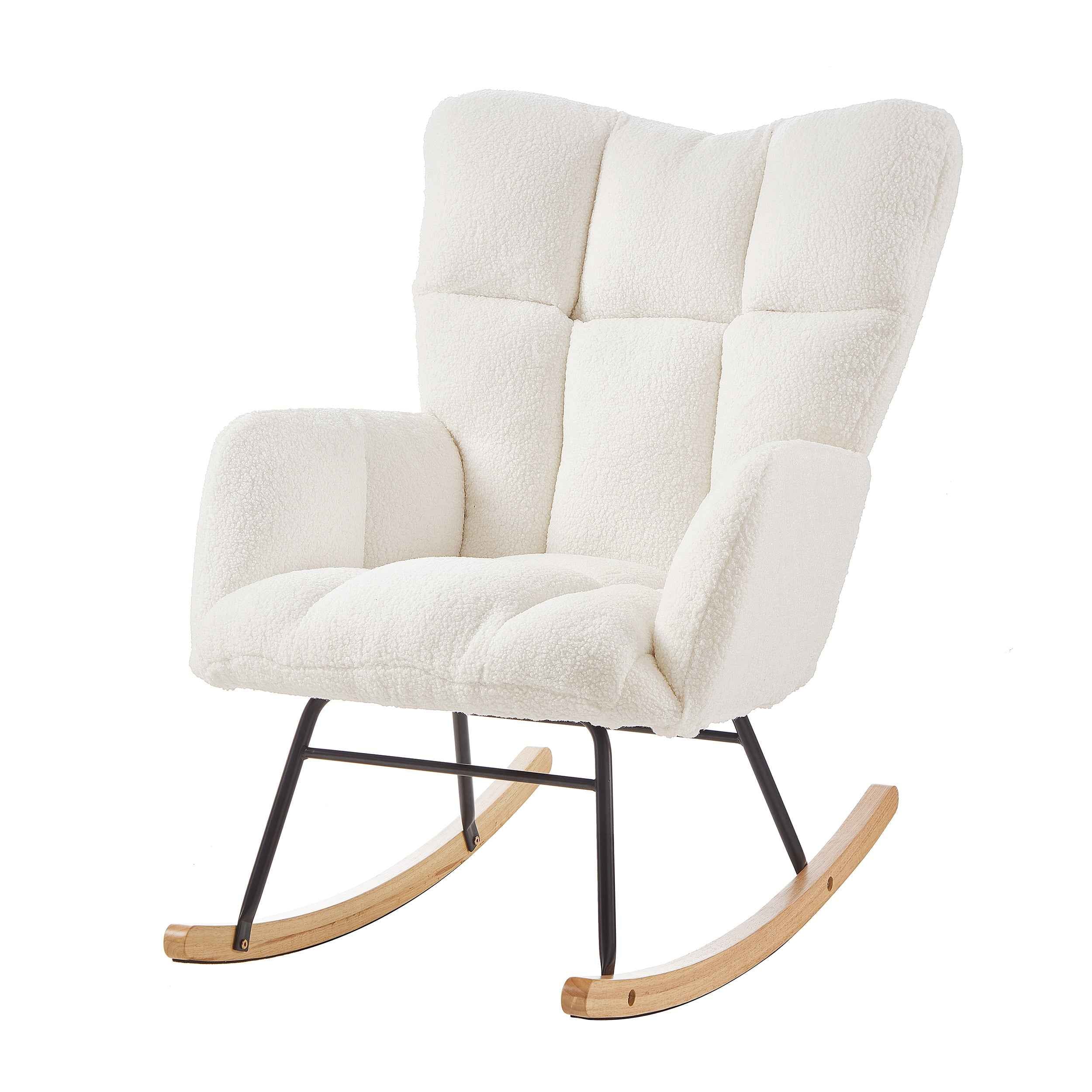 Glider Chair for Living Room Tufted Upholstered Teddy Fabric Rocking Chair with Metal Frame Accent Chair Ivory White
