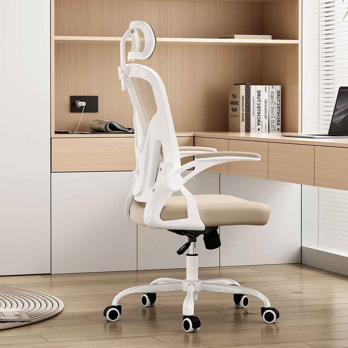 Ergonomic Office Chair, Home Office Desk Chair with Headrest, High Back Computer Chair with Armrests and Adjustable Lumbar Support for Home Office Study Room,White & Khaki