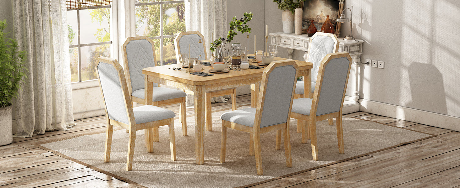 TREXM 7-Piece Farmhouse Dining Set Classic Rustic Table and 6 high-back design Chairs for Dining Room, Kitchen (Natural Wood Wash)