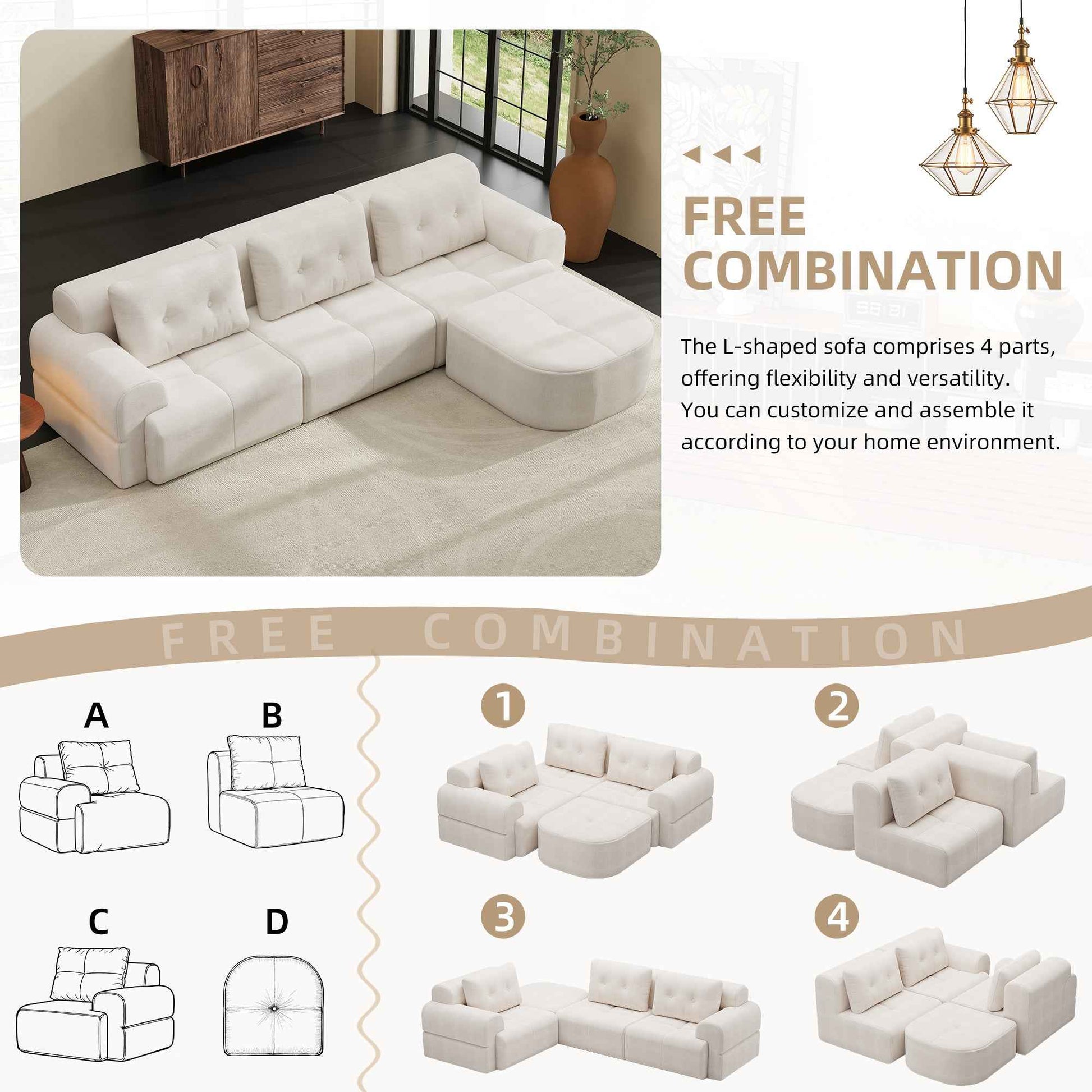 Modular Sectional Sofa Couch with Chaise, Full-Foam Structure, Compression Packaging Design, Woven Texture Upholstery, Oversized Modern Sofa for Living Room