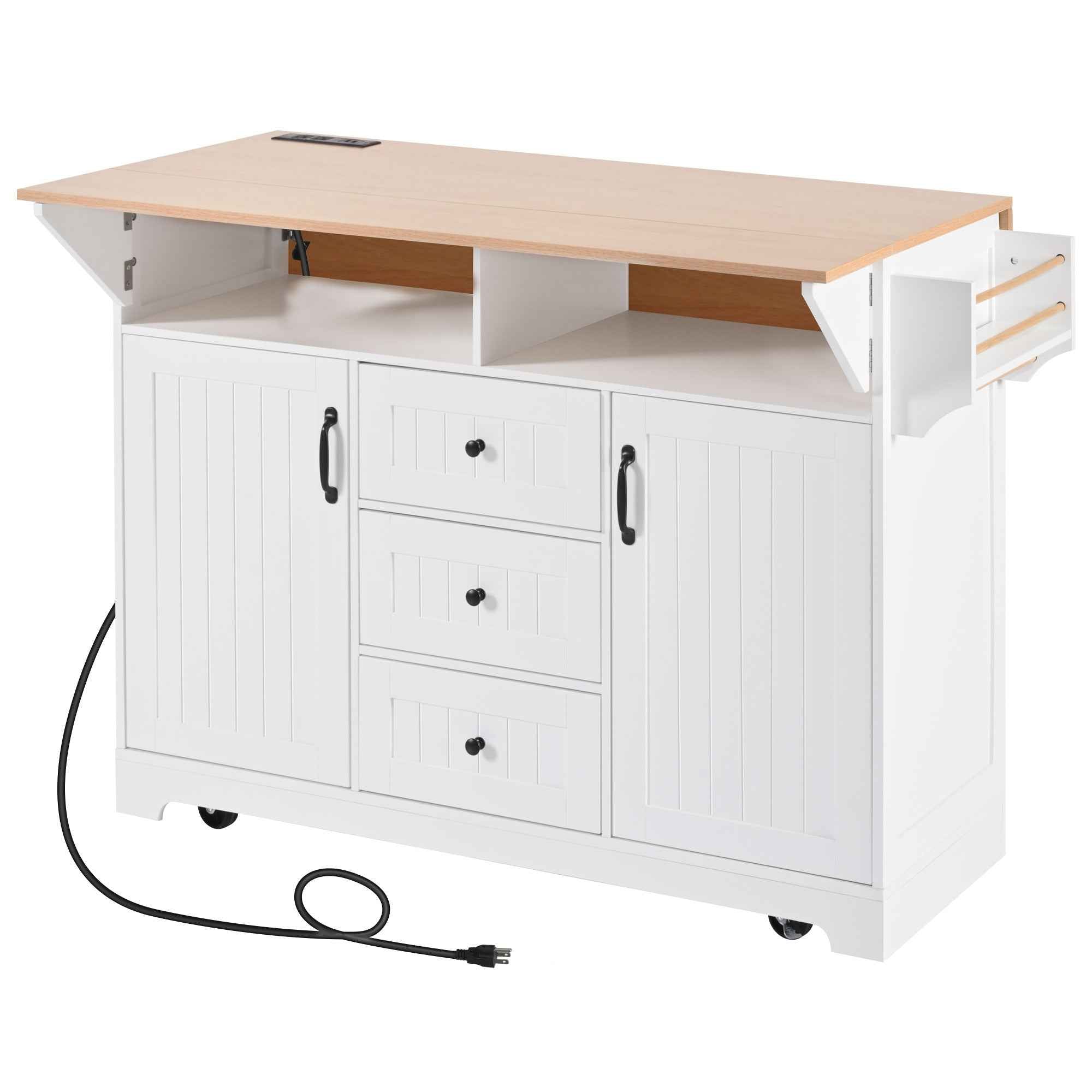 K&K 55.7'' Large Kitchen Island with 2 Drop Leaf,, Rolling Kitchen Cart on 5 Wheels with Power Outlet, Folding Storage Dining Table with Spice & Towel Rack , 3 Drawers, for Kitchen, Dining Room,White