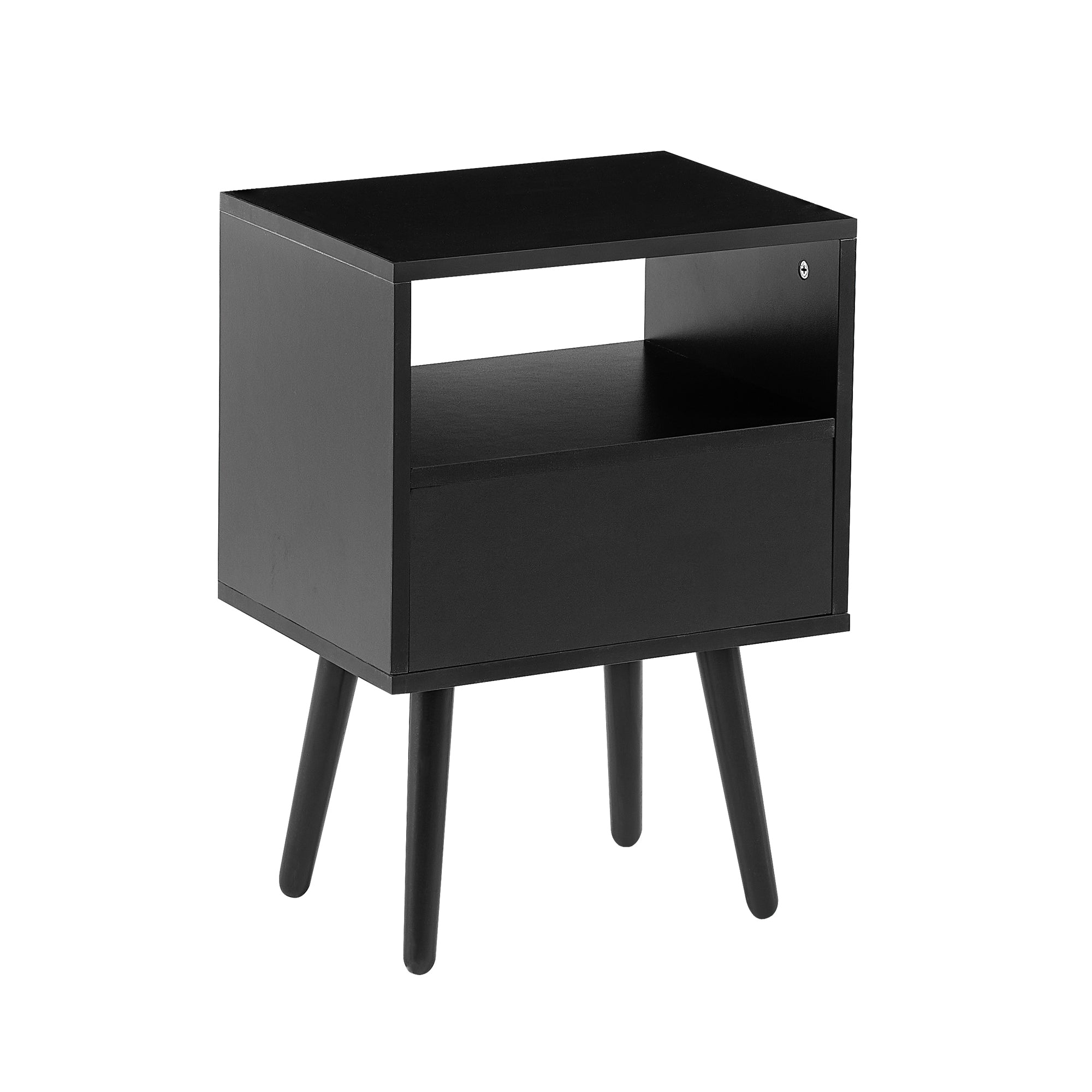 15.75" Rattan End table with  drawer and solid wood legs, Modern nightstand, side table for living room, bedroom, black