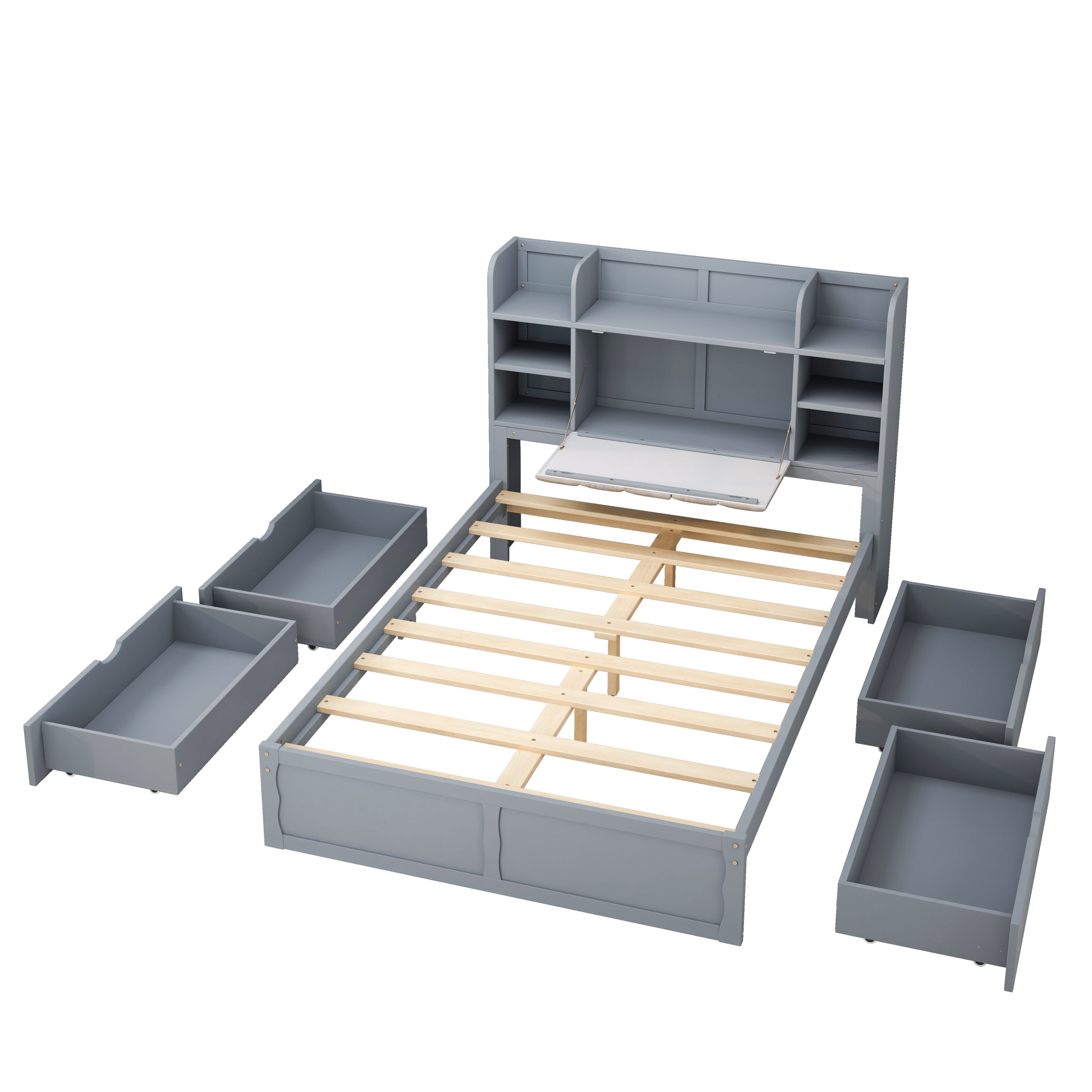 Multi-functional Full Size Bed Frame with 4 Under-bed Portable Storage Drawers and Multi-tier Bedside Storage Shelves, Grey