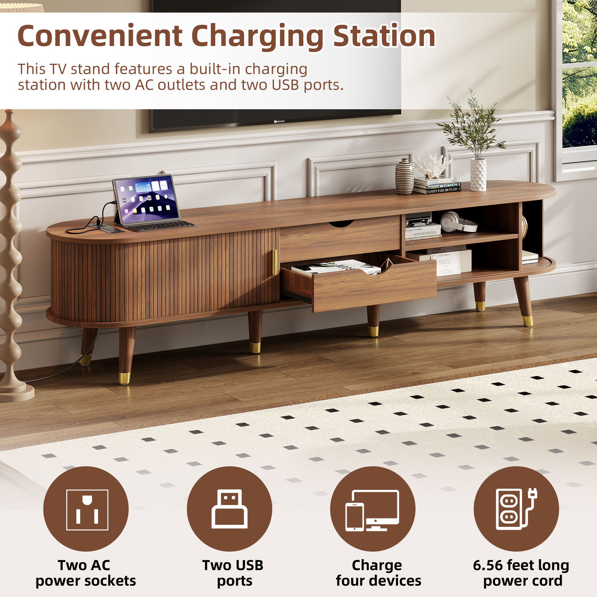 [Assembly Video]Wooden Oval Fluted TV Stand with Charging Station for TV up to 80', Mid-Century Media Console with Sliding Tambour Door, Farmhouse TV Cabinet with Golden Handle for Living Room, Walnut