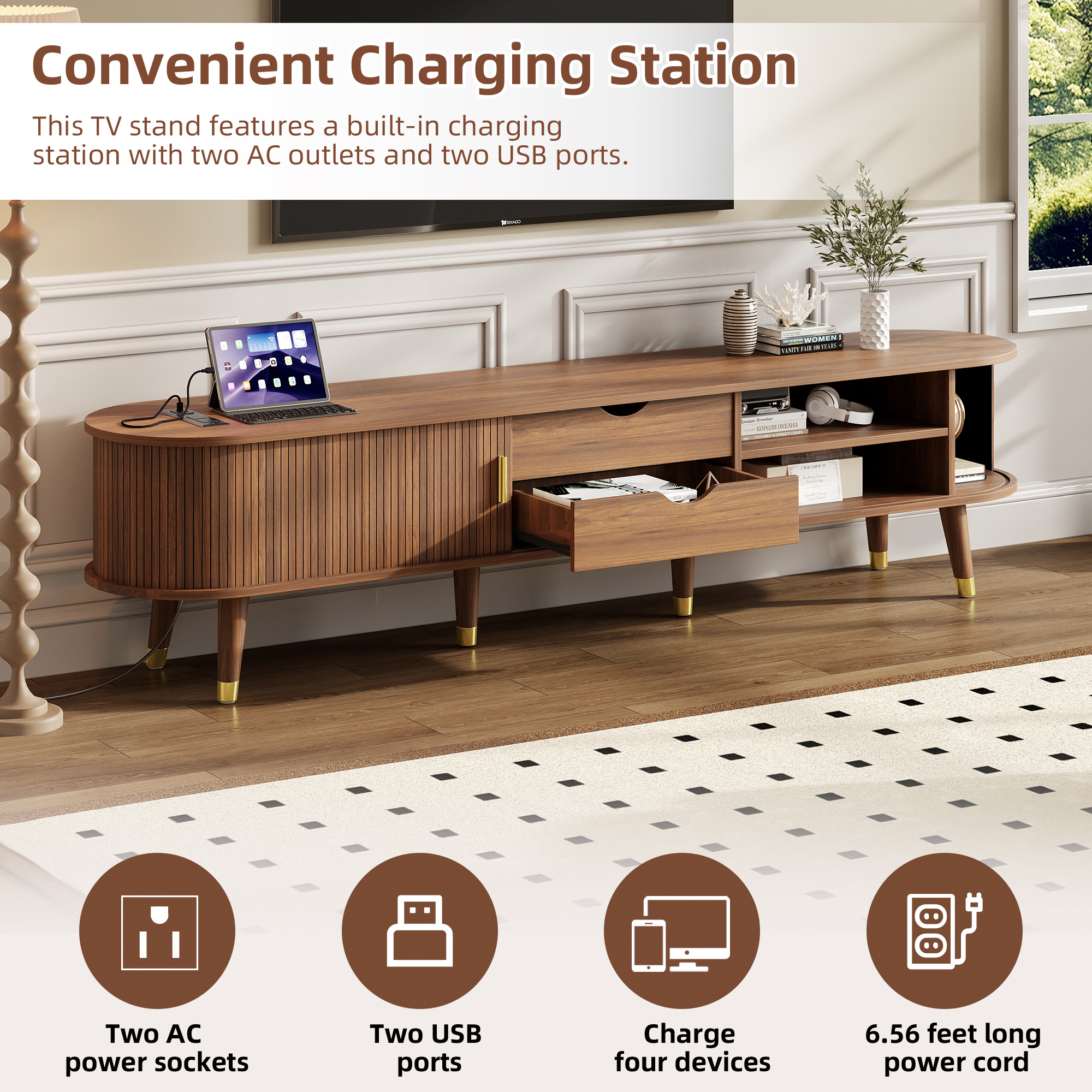 [Assembly Video]Wooden Oval Fluted TV Stand with Charging Station for TV up to 80', Mid-Century Media Console with Sliding Tambour Door, Farmhouse TV Cabinet with Golden Handle for Living Room, Walnut
