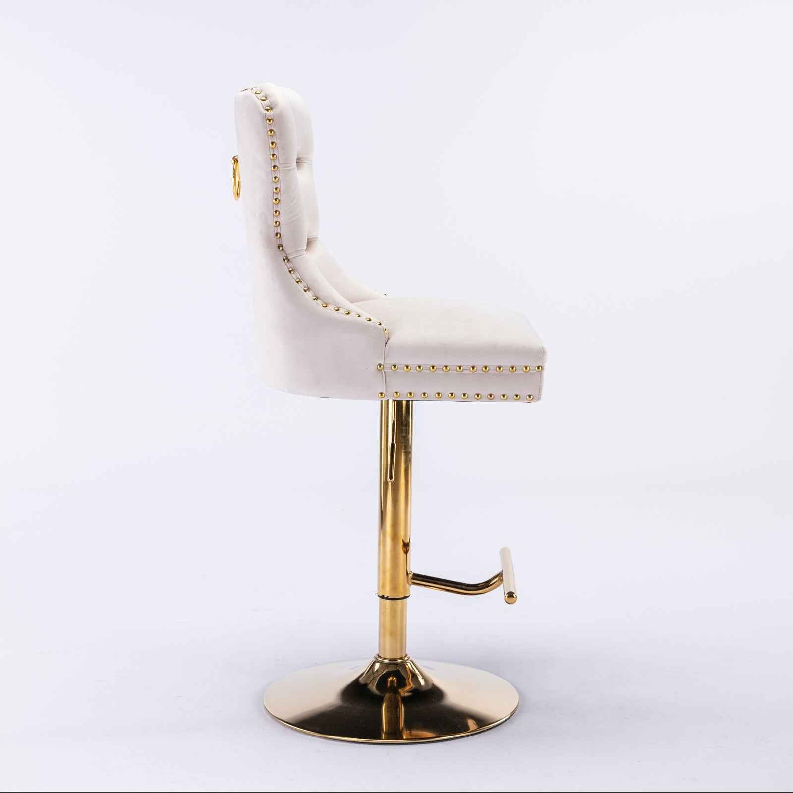 A&A Furniture,Thick Golden Swivel Velvet Barstools Adjusatble Seat Height from 27-35 Inch, Modern Upholstered Bar Stools with Backs Comfortable Tufted for Home Pub and Kitchen Island (Beige,Set of 2)