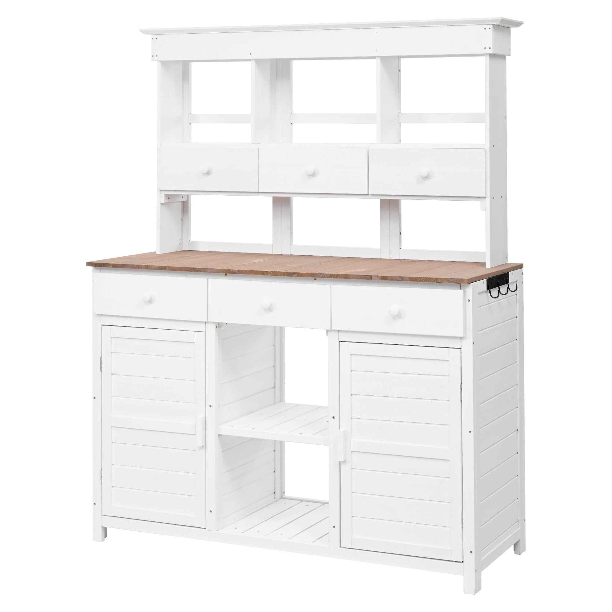 [Assembly Video Provided] TOPMAX 65.7'' H Tall Garden Potting Bench Table with Hutch,Patio Storage Workstation with 3 Shelves,6 Drawers,2 Bottom Cabinets&Side Hooks for Mudroom,Doorway, White