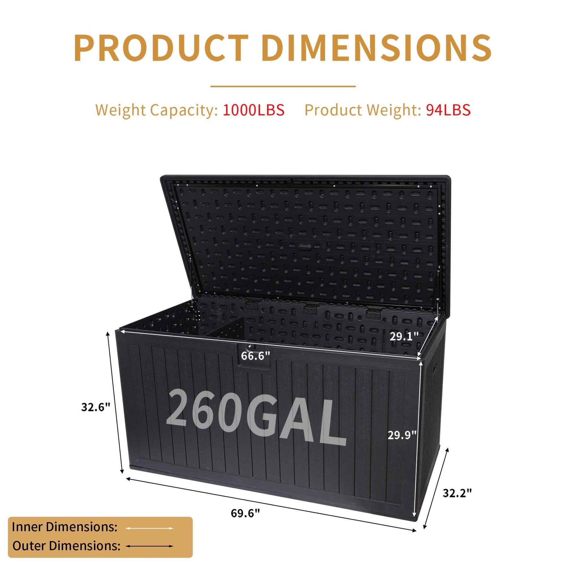 260 Gallon Resin Outdoor Deck Box Waterproof, Extra Large Patio Storage Box with Lockable Storage Containers for Patio Furniture Cushions, Pool Accessories, Garden Tools