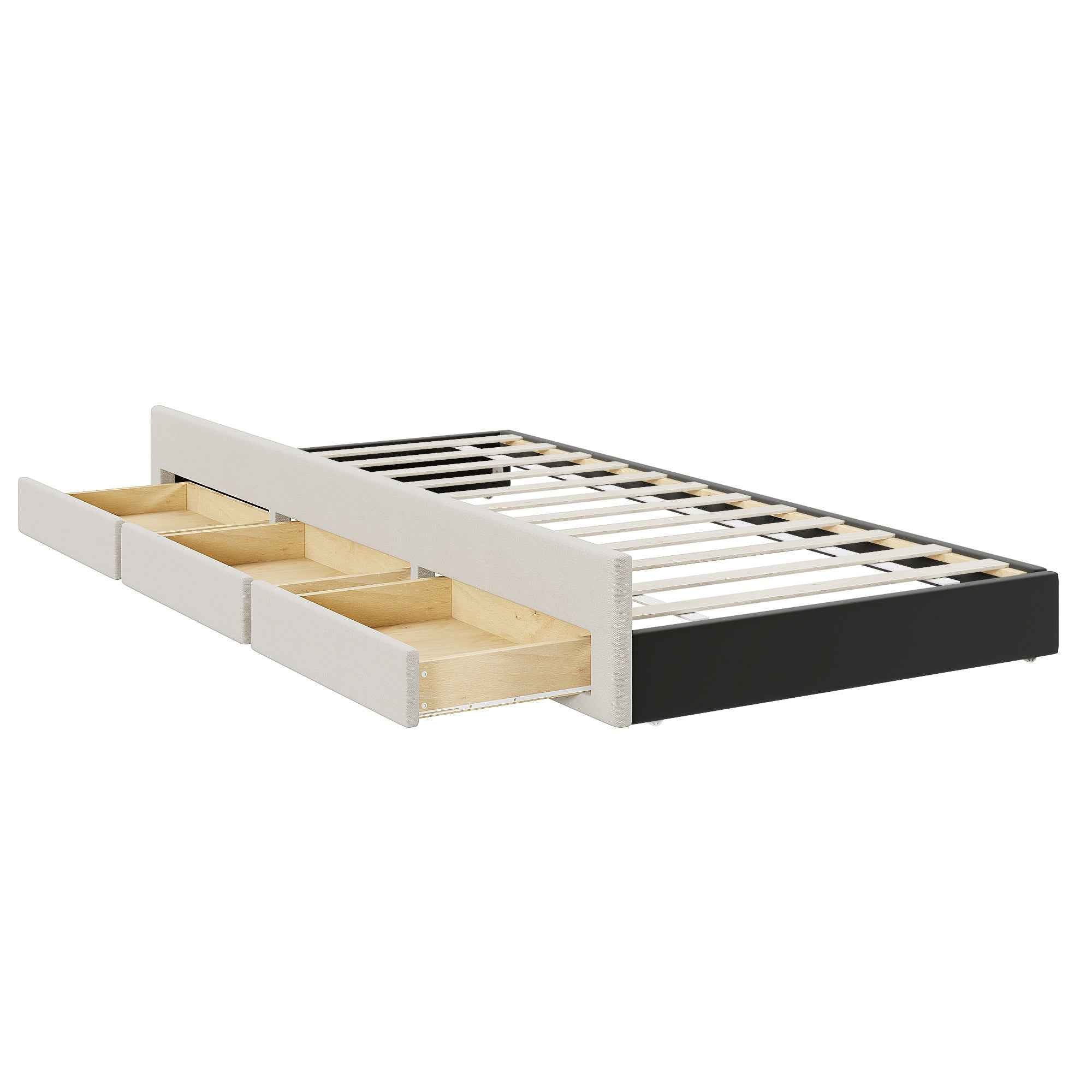 Full Size Upholstered Platform Bed with Twin Size Trundle and 3 Drawers, Linen Fabric, Beige