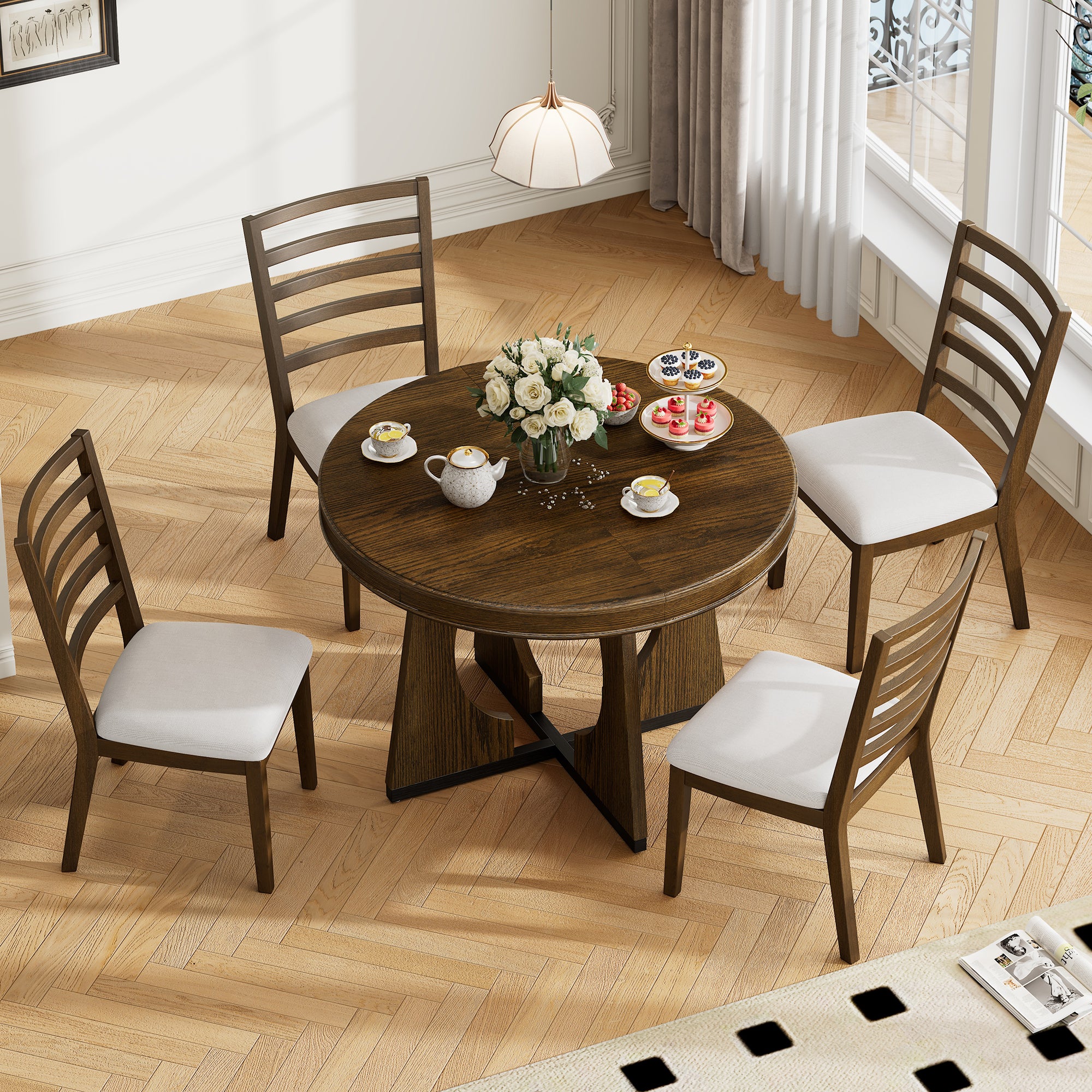 TREXM 5-Piece Retro Rustic Functional Dining Set Unique Geometric Design, 1 Extendable Table with a 16-inch Leaf and 4 Upholstered Chairs Ideal for Dining Room and Kitchen (Walnut)