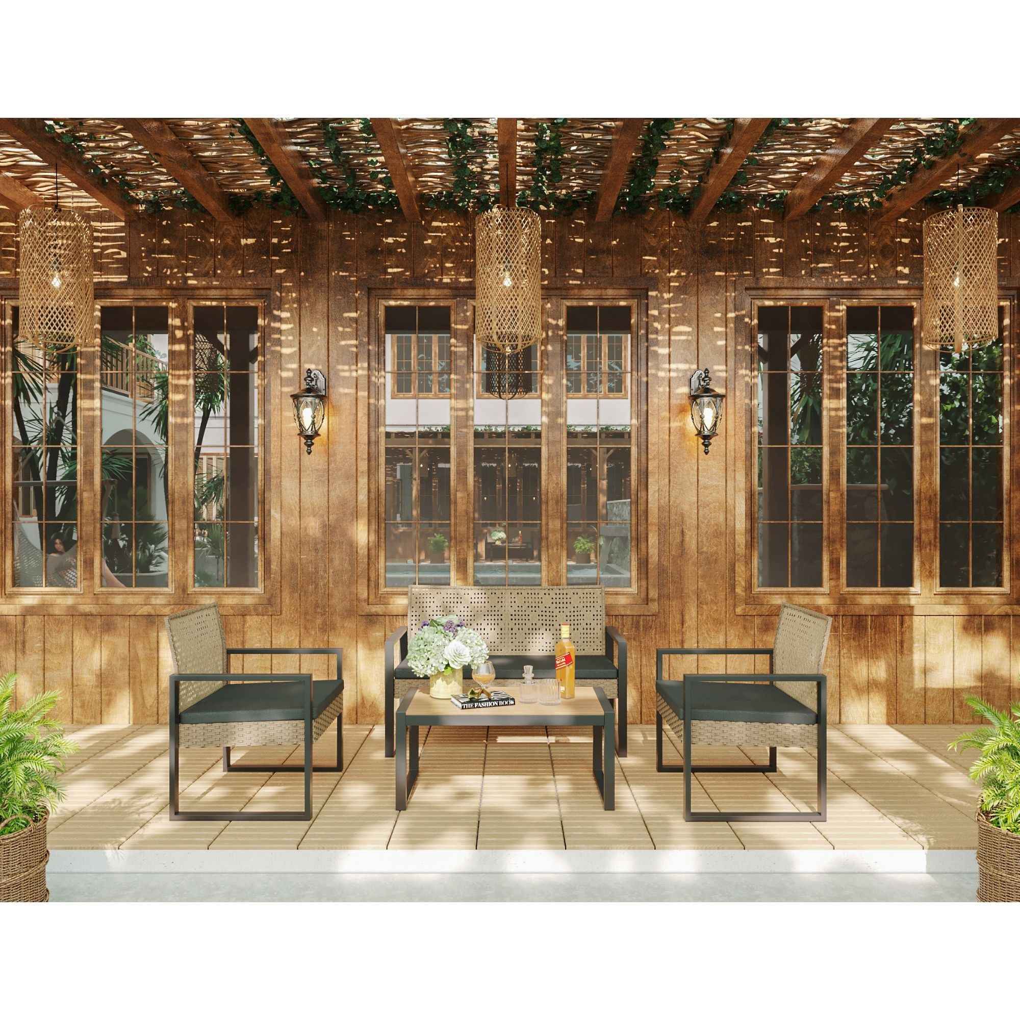 Modern Outdoor 4-Piece Patio Furniture Set with Acacia Wood Table Top, Black and Light Brown