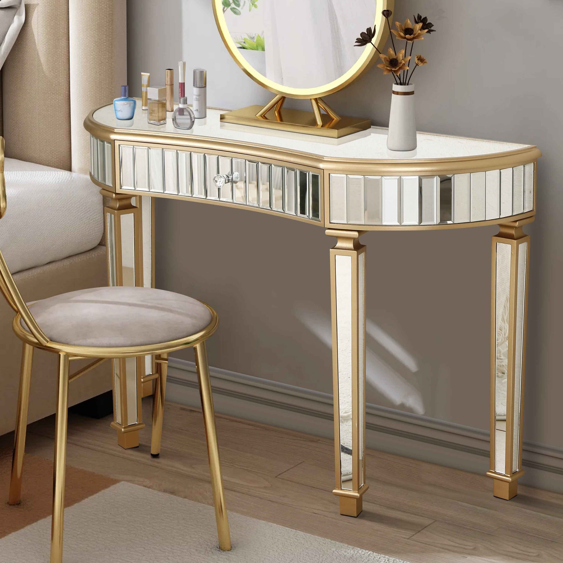 47' Half-Moon Mirrored Console Table with Fluted Glass & Crystal Knob Drawer - Silver Entryway Vanity Desk for Bedroom/Dressing Room(Gold+Sliver)
